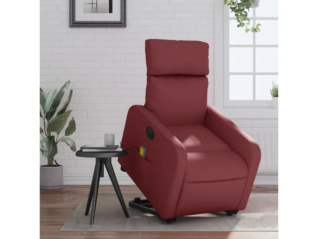 Sillón de masaje elevable eléctrico cuero artificial rojo tinto
