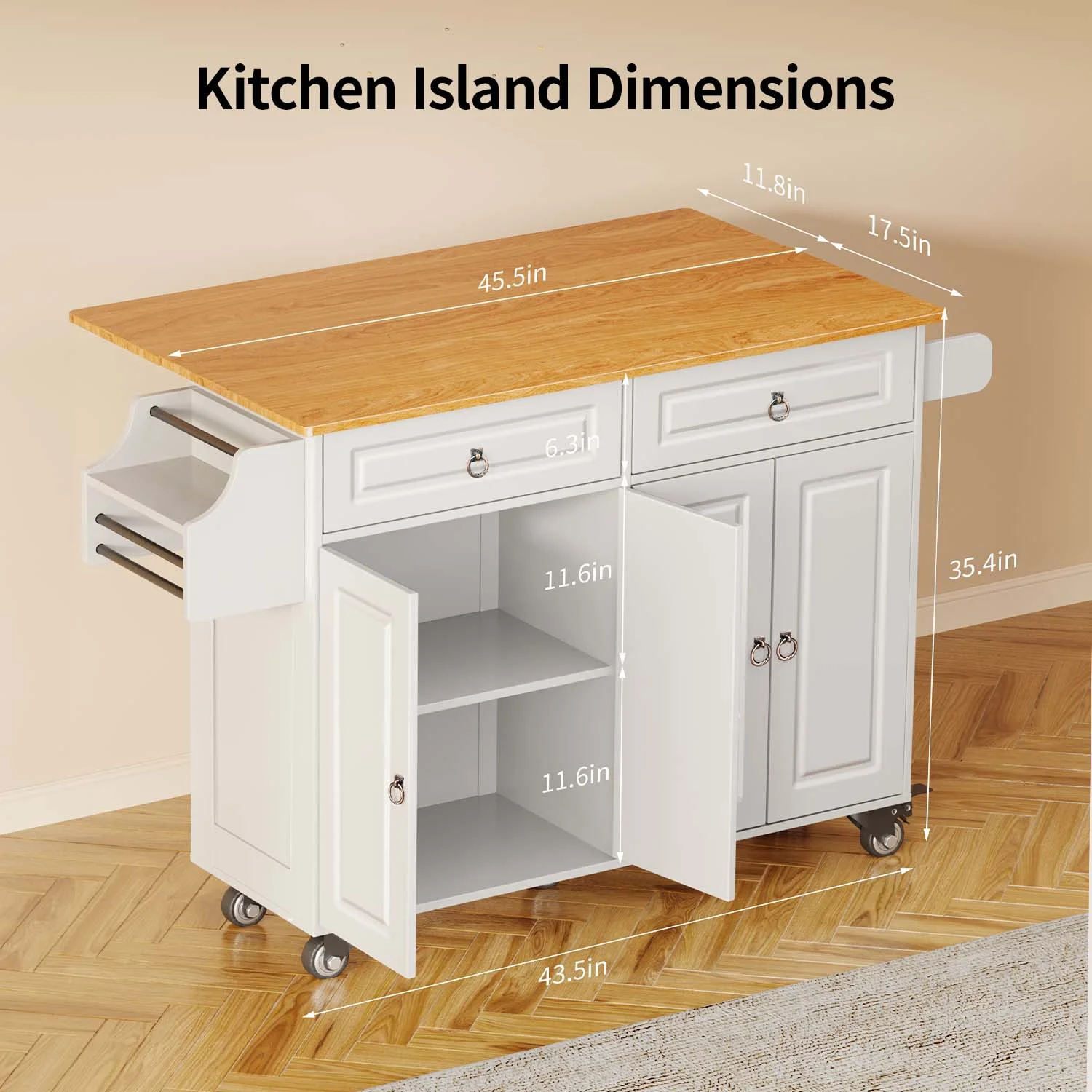 Lofka 52-Inch Kitchen Island with Storage on Wheels with Wood Drop Leaf, Ideal for Small Kitchens - Image 11