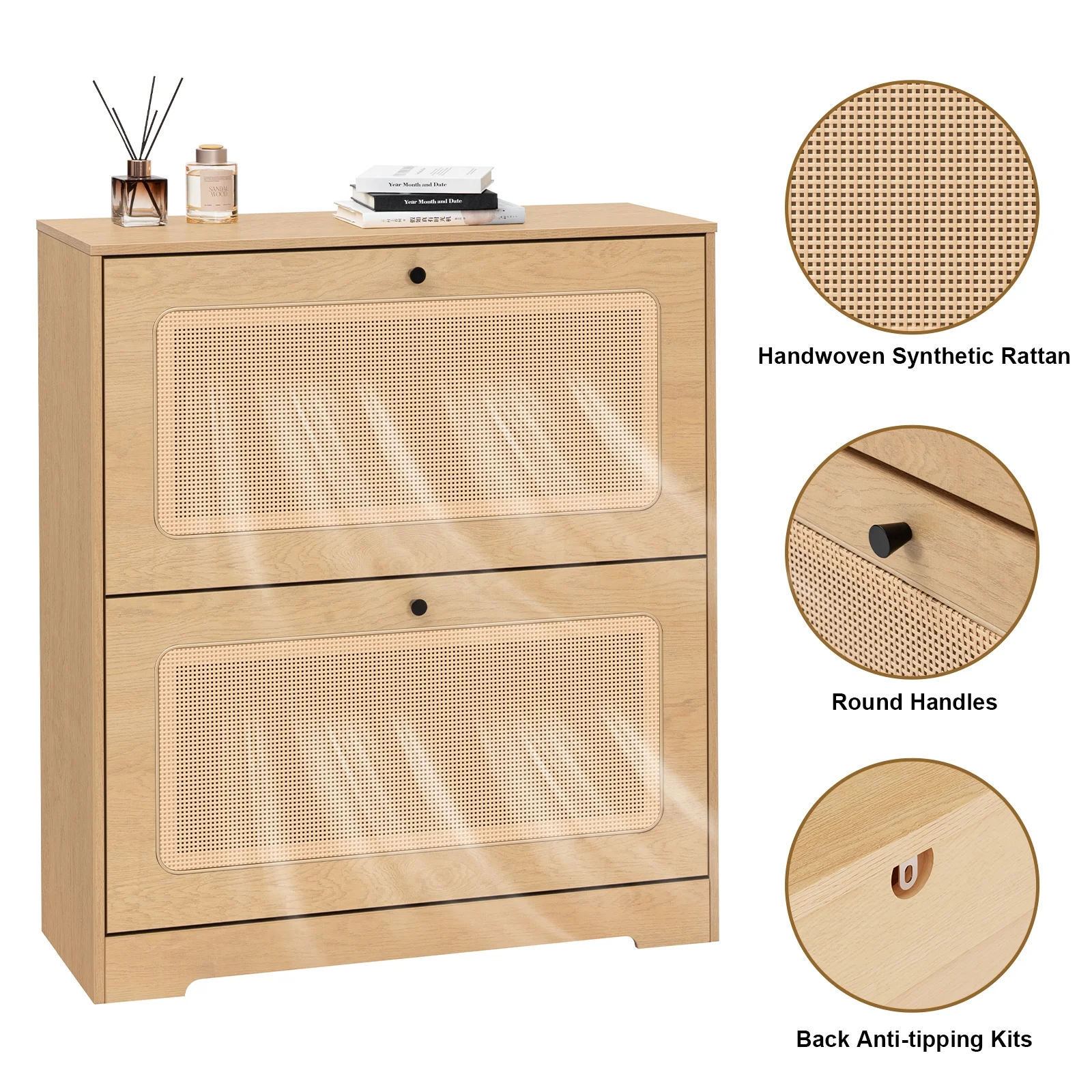 Hommpa Rattan Shoe Cabinet with 2 Flip Drawers & Adjustable Shelves 5 Tier Freestanding Tipping Bucket Shoes Storage Closet for 16 Pairs Narrow Console Table Modern Boho Entryway Shoe Rack Organizer - Image 4