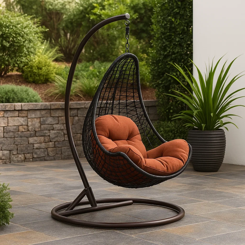 Sillón colgante,estructura metálica marrón,asiento tejido negro,cojines naranjas,con soporte,90x90x200 cm - 6rrTcxGFSP90