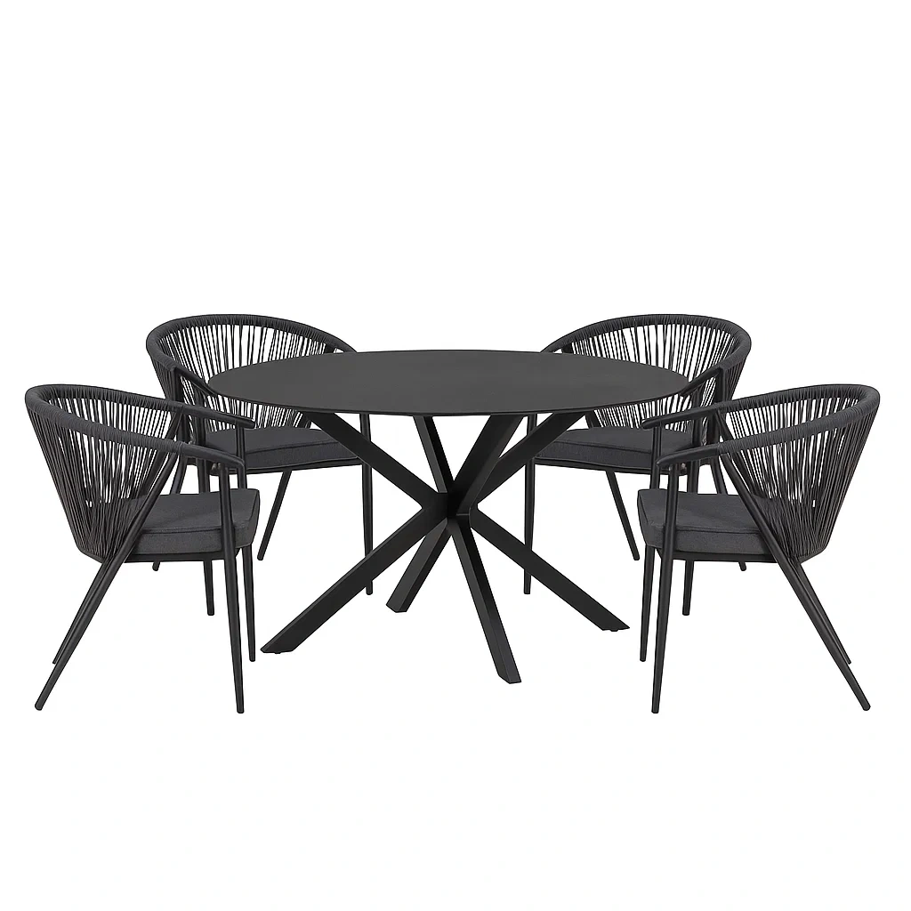 Conjunto de comedor de jardín para 4 personas, mesa redonda y sillas con cuerda trenzada y cojines, estructura metálica, color negro - iLLVozi181RE