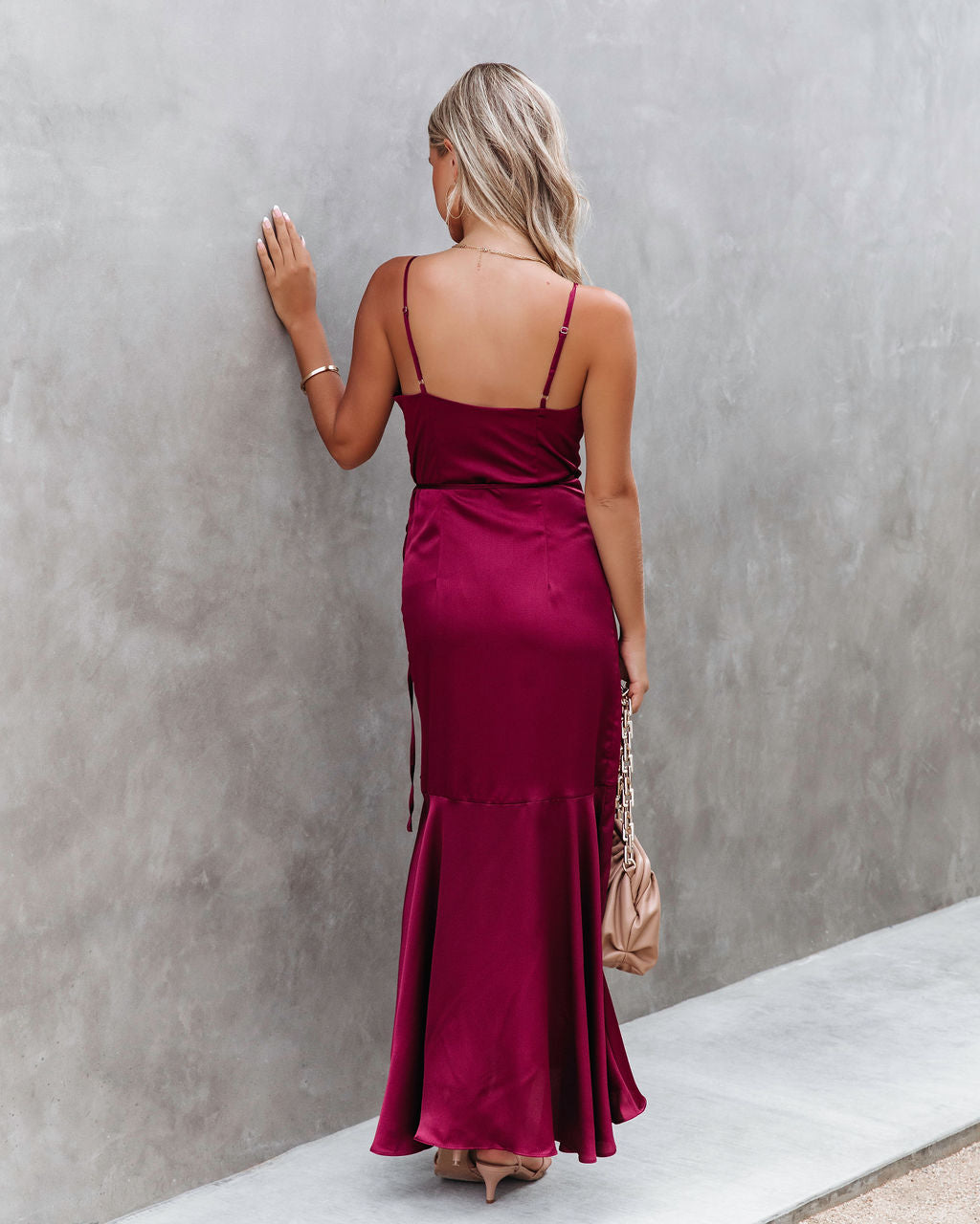 Undeniable Love Satin Ruffle Maxi Dress - Wine - Se7enfashion