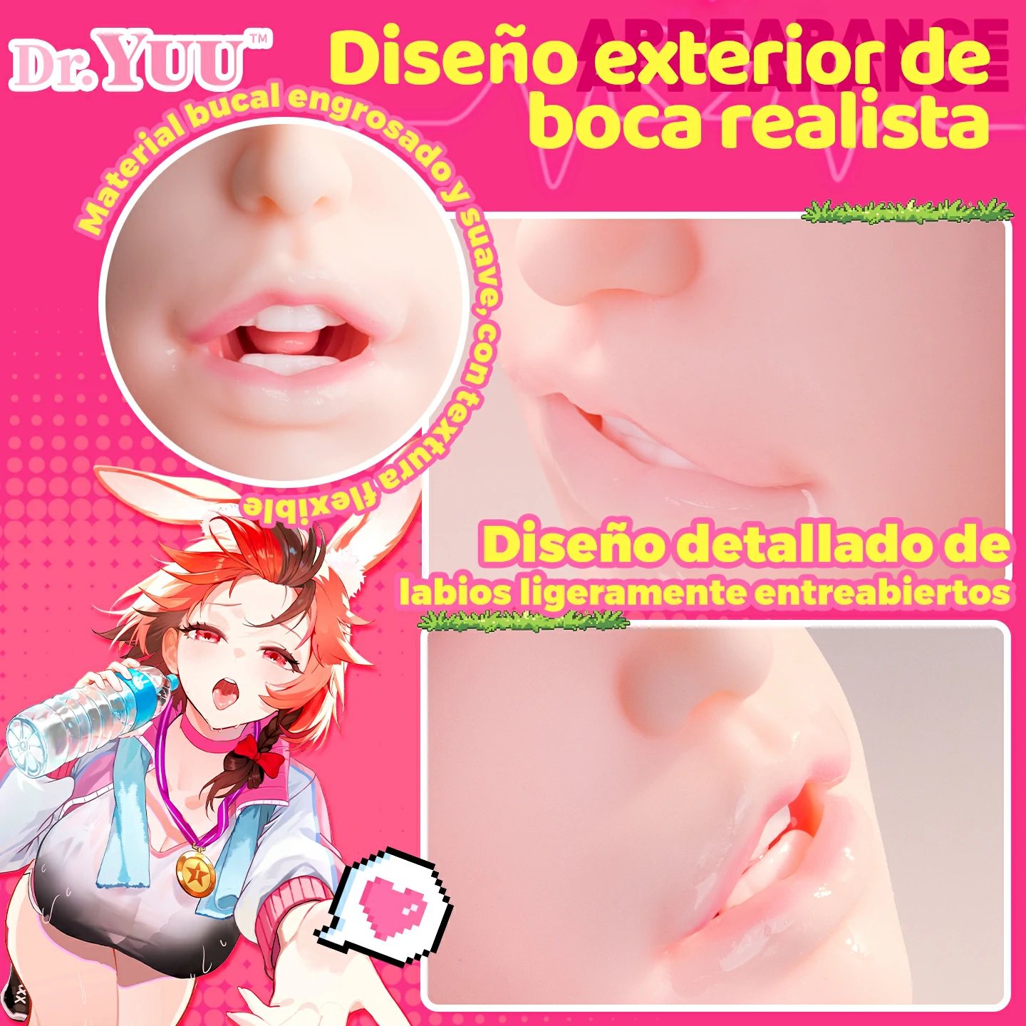 Detalle de boca realista con labios suaves en masturbador bucal Dr.YUU.