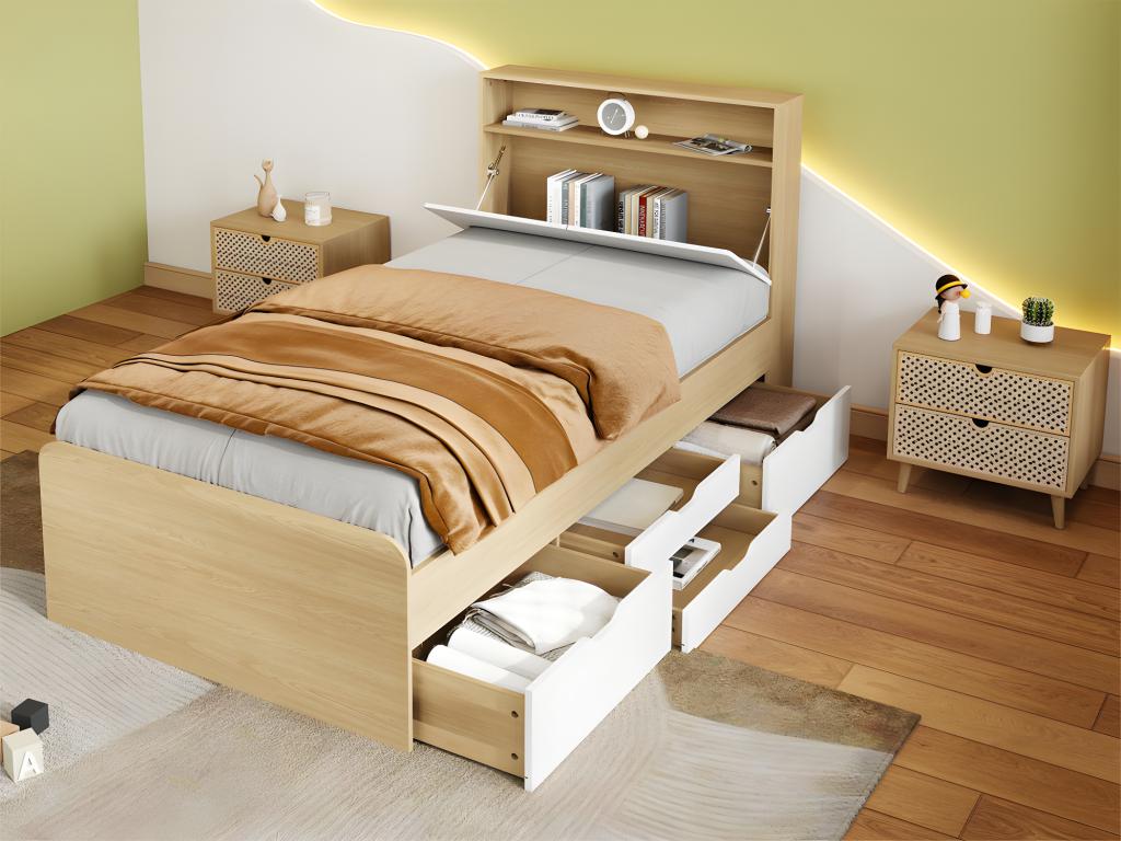 Cama individual 90x200 cm - cabecero abatible y 4 cajones - en MDF y tableros de partículas - Natural