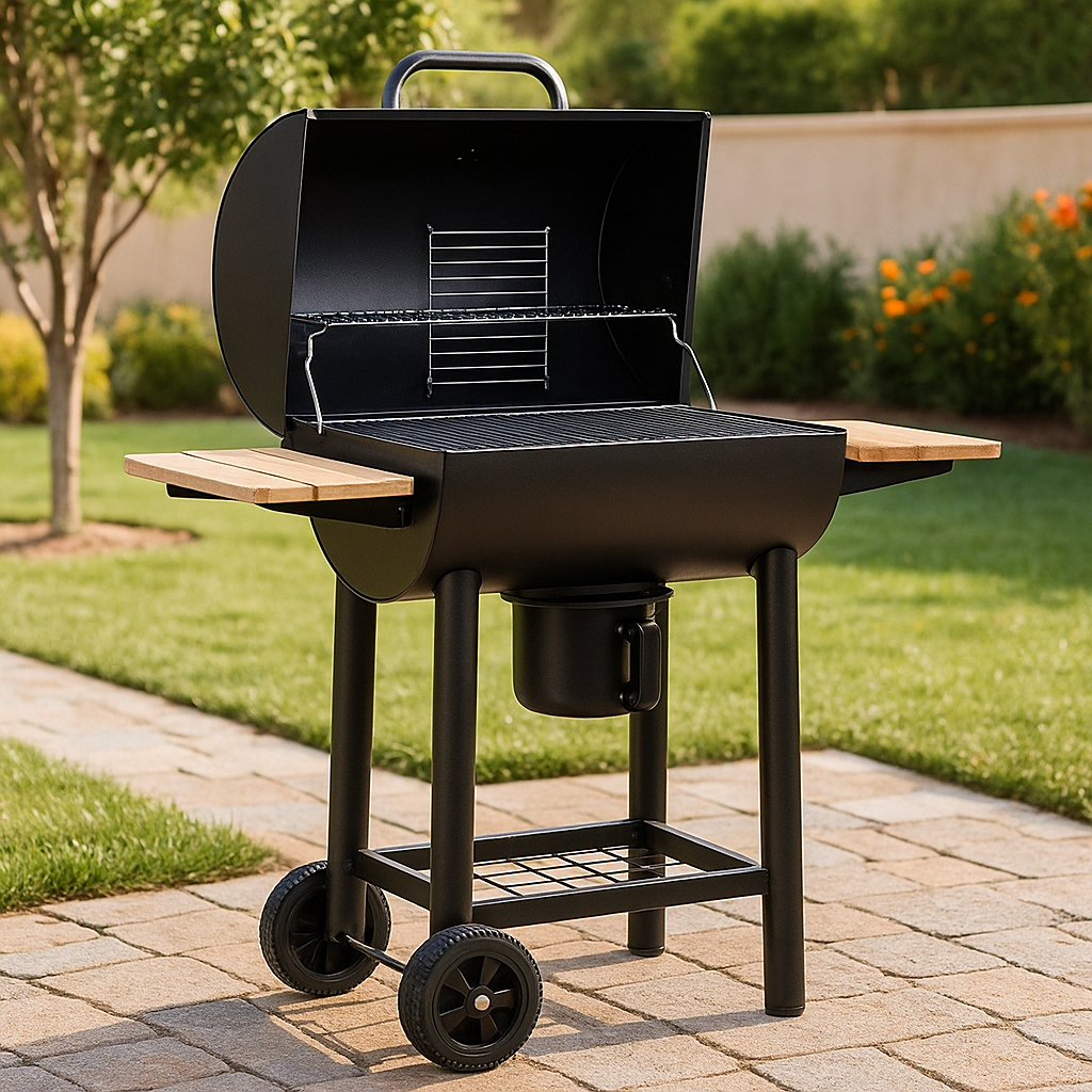Parrilla de barbacoa, con estantes laterales de madera, color negro
