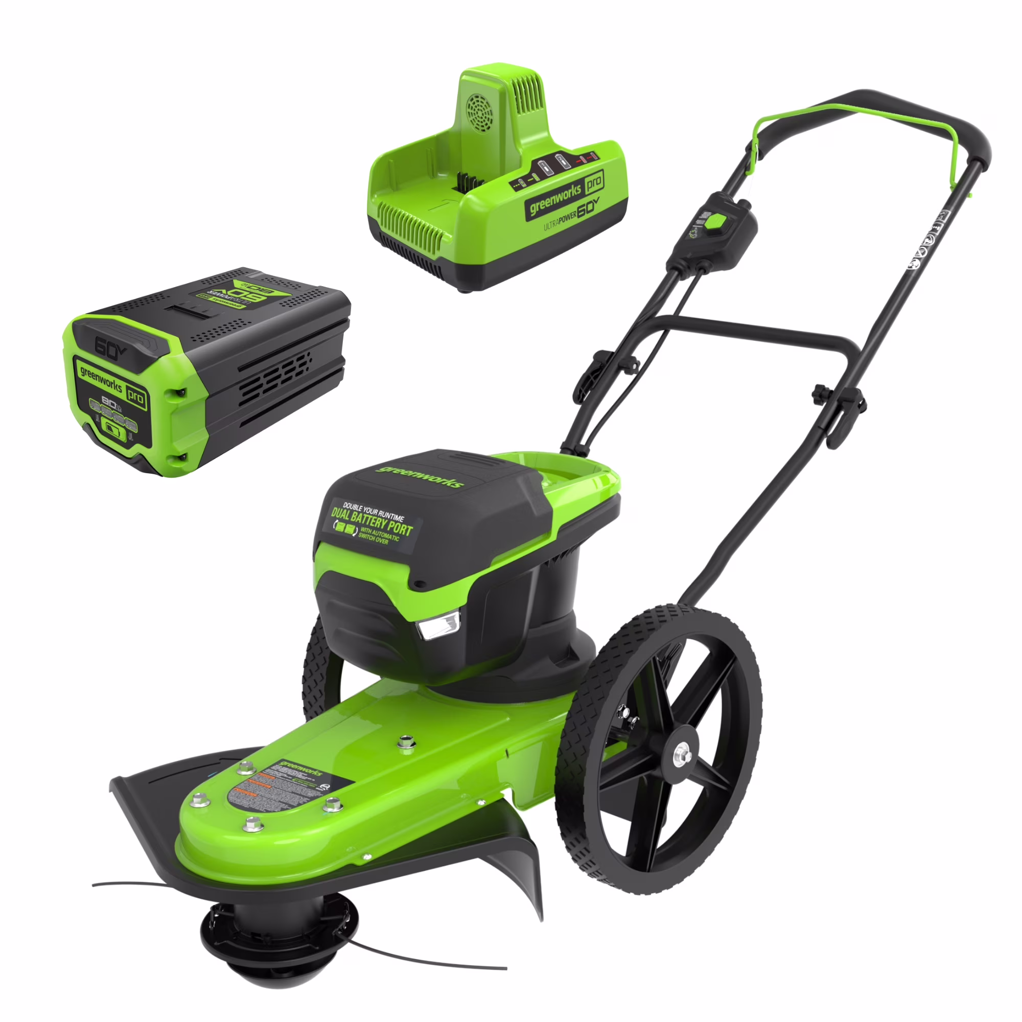 Greenworks 60V 22" Cordless Brushless Wheeled String Trimmer with 8.0ah Battery and Charger(8Ah Battery Charger)