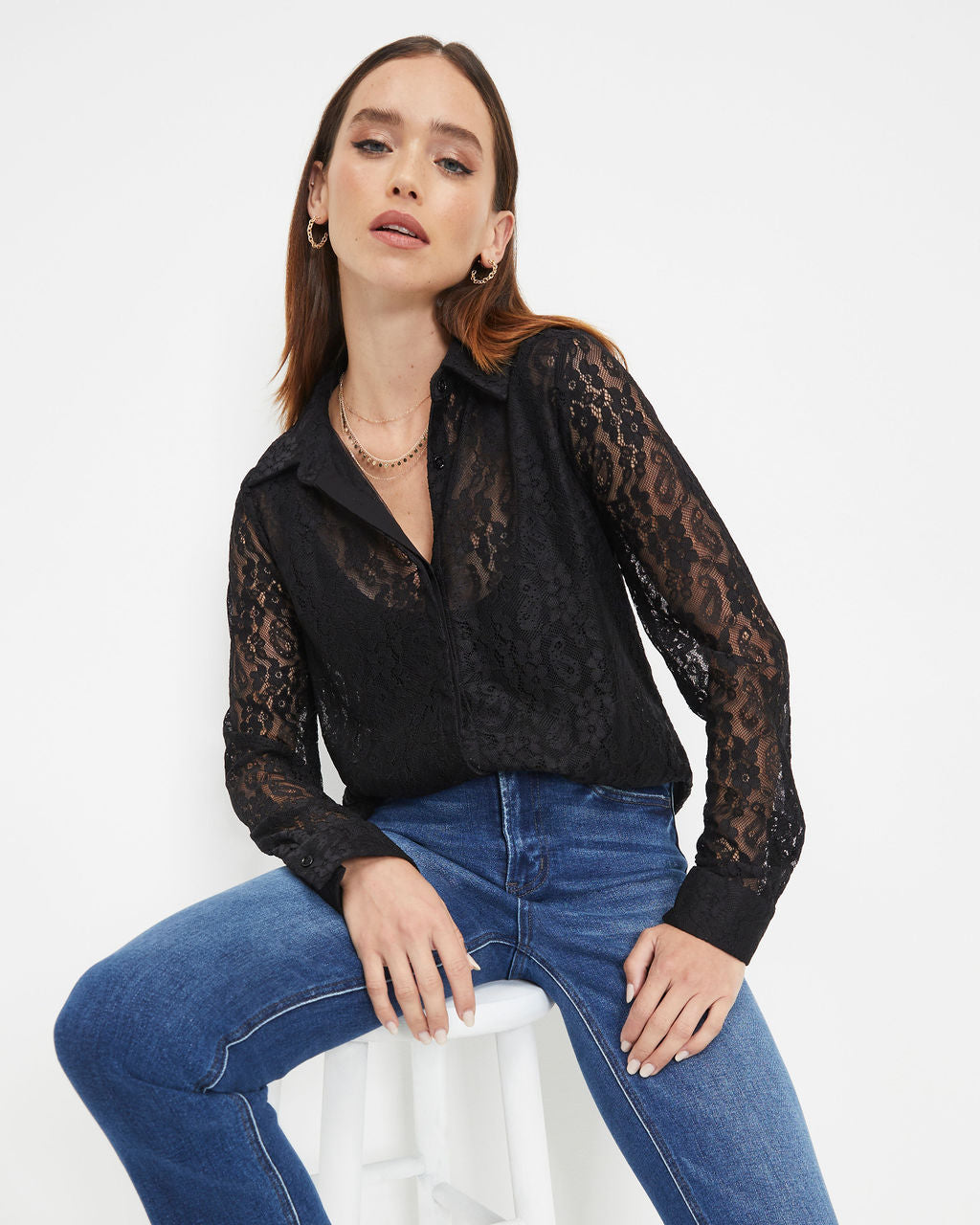 Berenice Lace Button Down Top - Black - Se7enfashion
