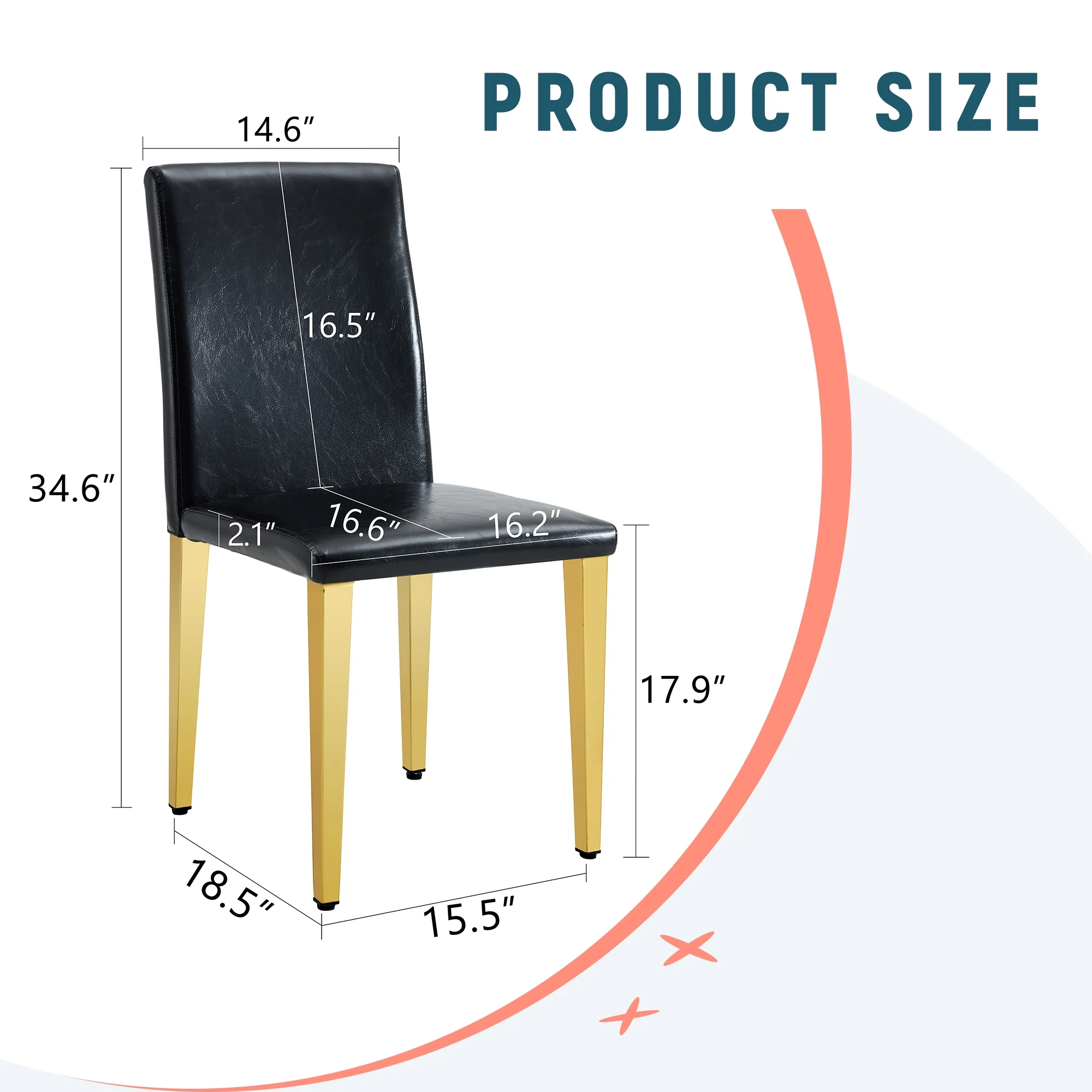 Set of 4 black PU leather backrest chairs with gold metal legs -A perfect pairing, ideal for minimalist and modern home decor styles, with product dimensions of 16.2*18.5*34.6 inches. - Image 5