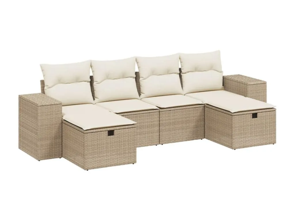 Juego de sofás jardín con cojines 6 pzas ratán sintético beige zwrk69996