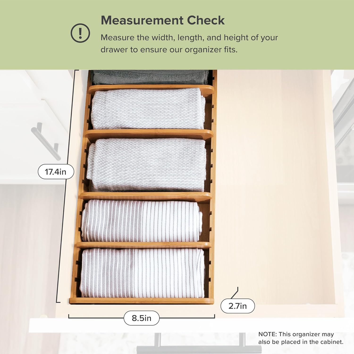 KitchenEdge Bamboo Kitchen Towel and Food-Storage Organizer, Perfect for Kitchen Drawers, Cabinets, Pantry, 5 Adjustable Wall Inserts, Organize & Store Plastic Food Containers