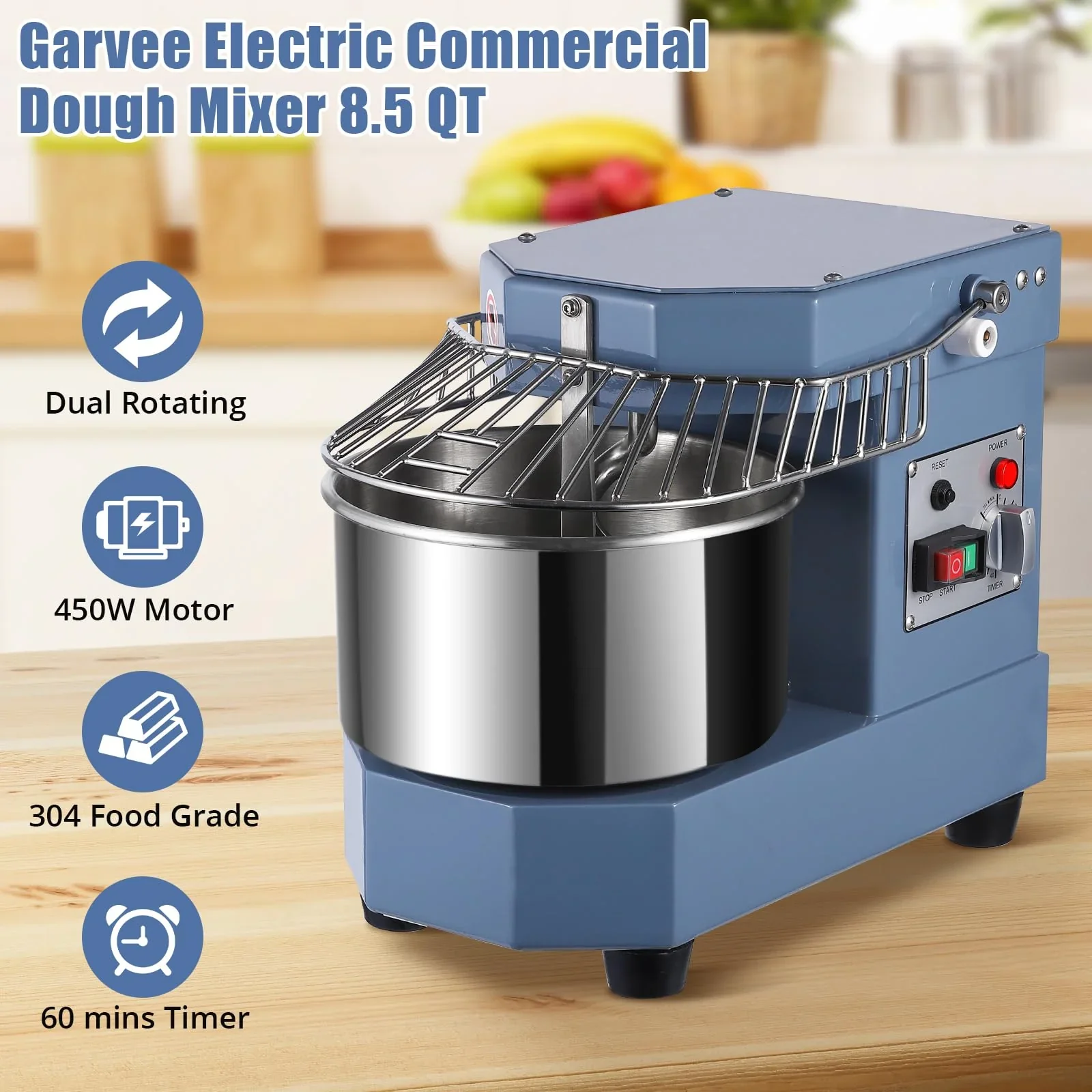 2025  8Qt Commercial Food Mixer, 450W Dual Rotating Dough Kneading Machine w Food-grade Stainless Steel Bowl, Security Shield & Timer, Commercial
