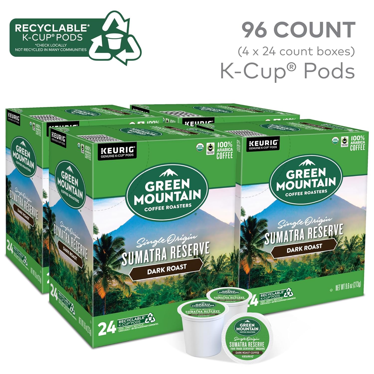 Green Mountain Coffee Roasters Sumatra Reserve Coffee. Keurig Single-Serve K-Cup pods. Dark Roast. 96 Count