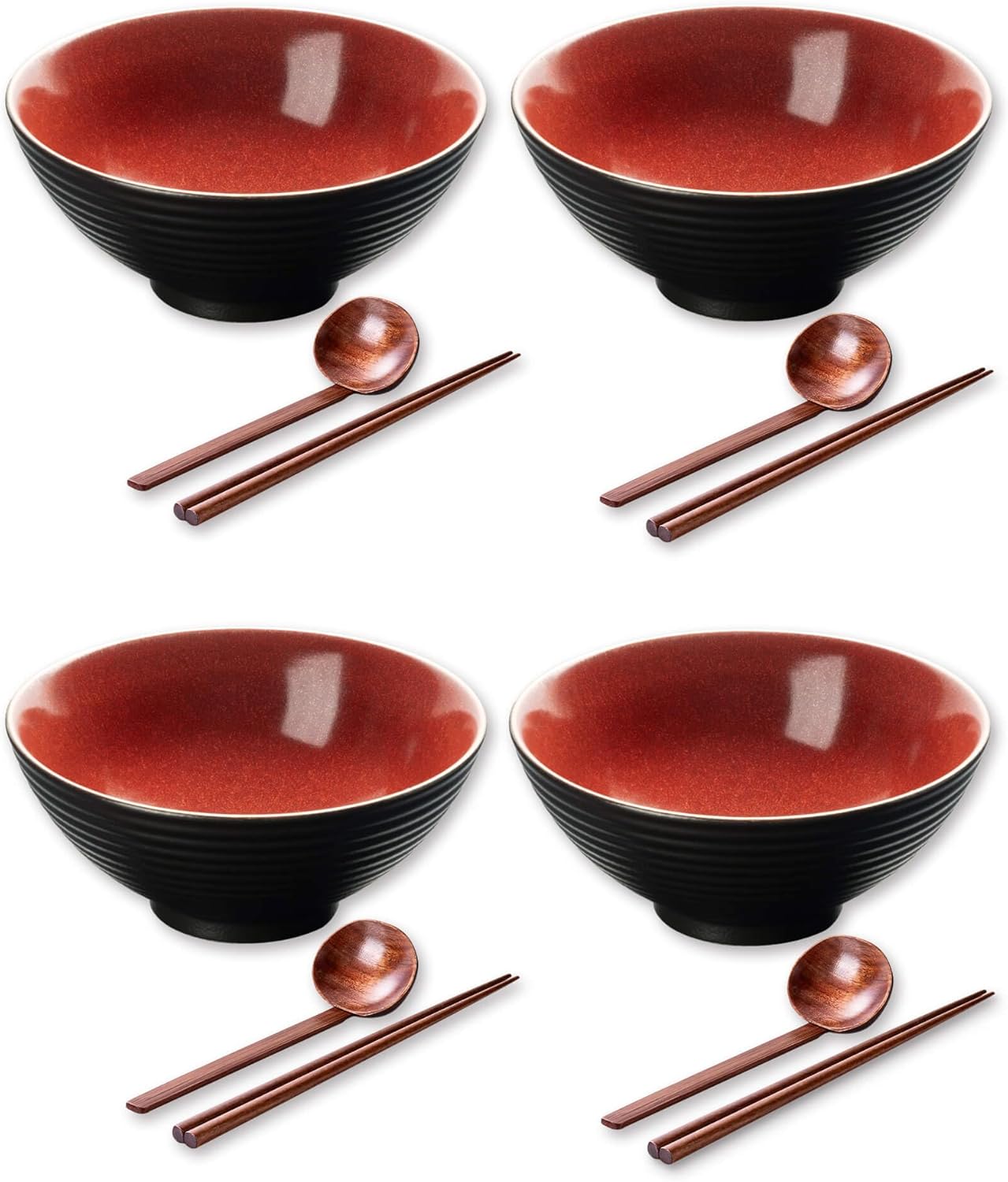 Large Japanese Ramen Bowl Set of 4, Material Safety Ceramic Ramen Bowls with Matching Chopsticks and Spoons, 8 Inch 40oz Pho Bowls Ramen Noodle Bowl for Asian Udon Soup Salad Cereal(Red)