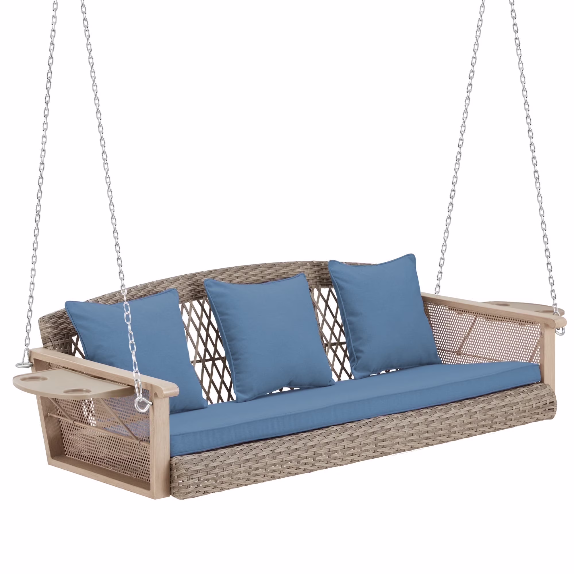 Homrest 3-Person Porch Swing 55in Wicker Hanging Swing Bench with Cushions and Cupholders for Deck, Garden and Backyard, Beige - Image 11