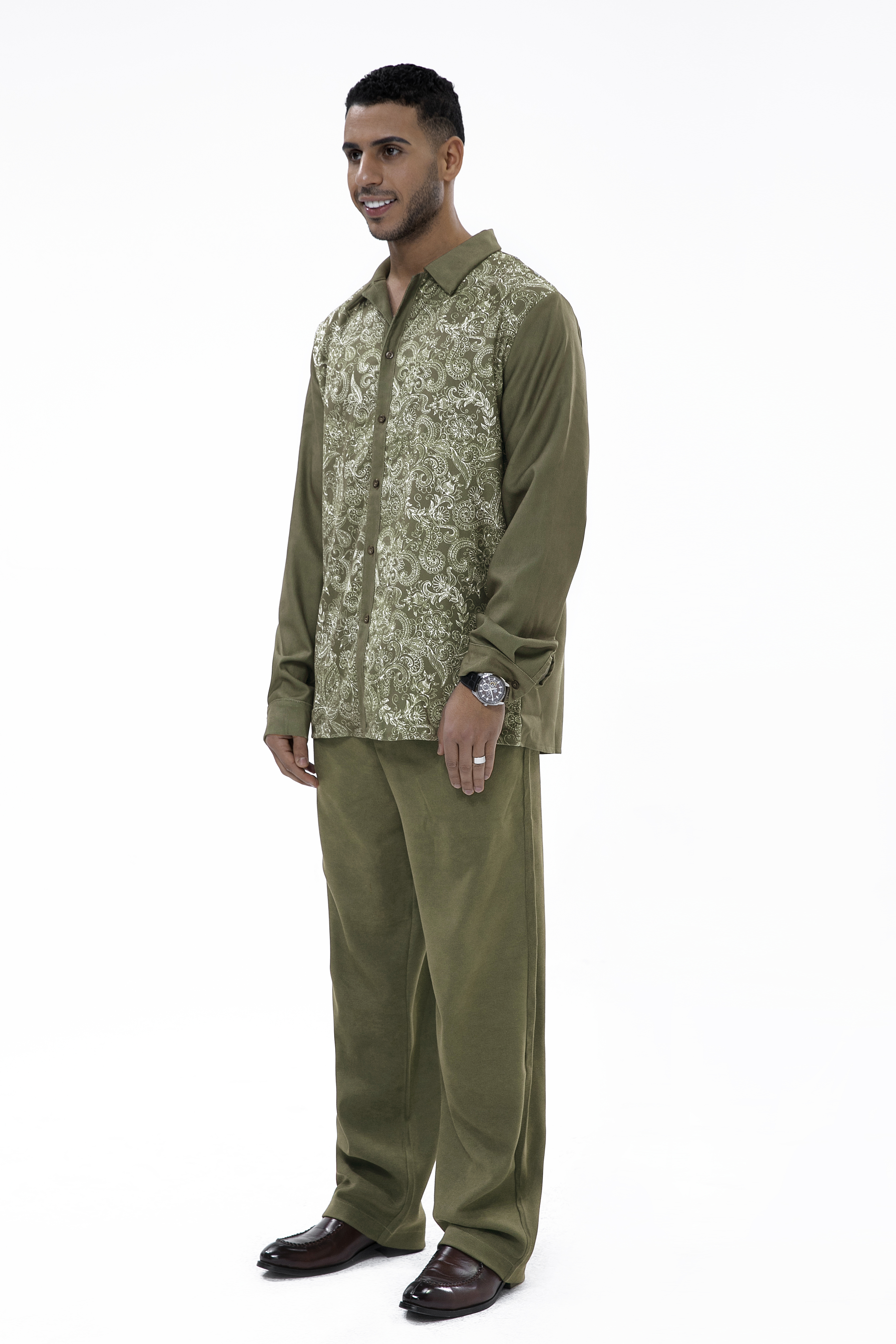 Suitmens Long Sleeve Trousers Green Cashew Blossom Two-Piece Walking Set