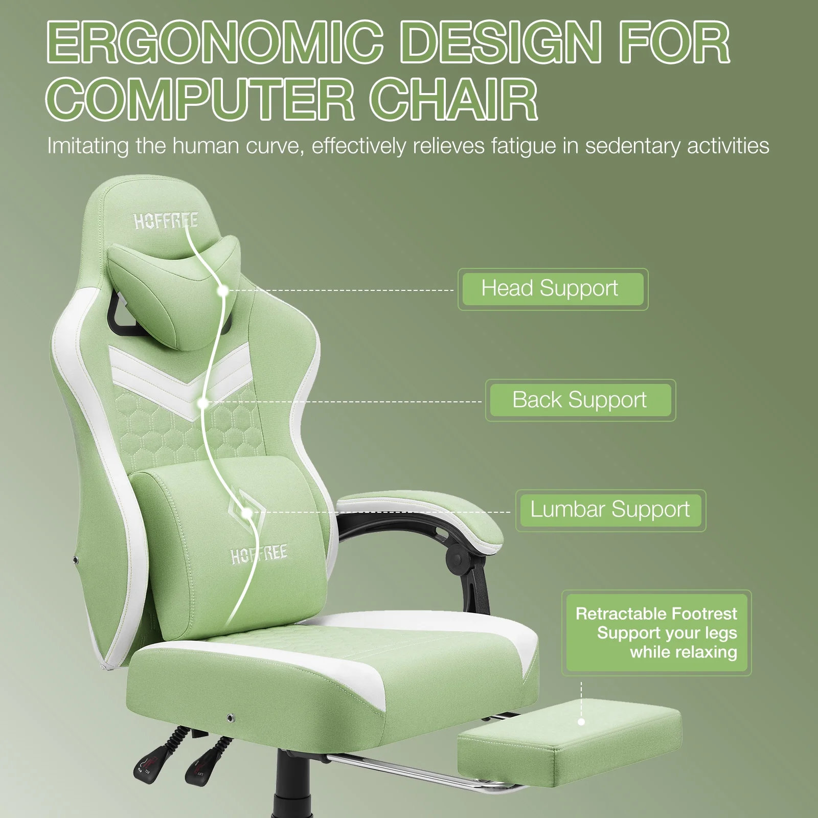 Hoffree Gaming Chair with Massage Fabric Office Chair with footrest for Adults, Ergonomic Gamer Chair with Headrest and Lumbar Support for Office Gaming, 440 LBS - Image 22