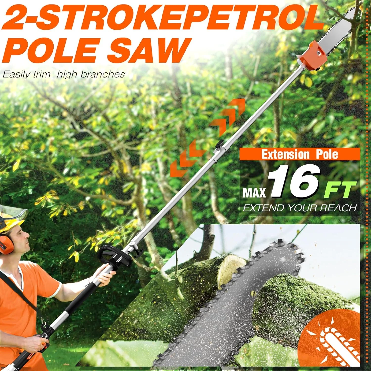Datingday 52CC Orange Gas Weed Wacker, 2-Stroke Weed Eater Gas Powered, 6-in-1 Gas Hedge Trimmer, Gas Brush Cutter, Gas String Trimmer, Pole Saw with Extension Pole - Image 5