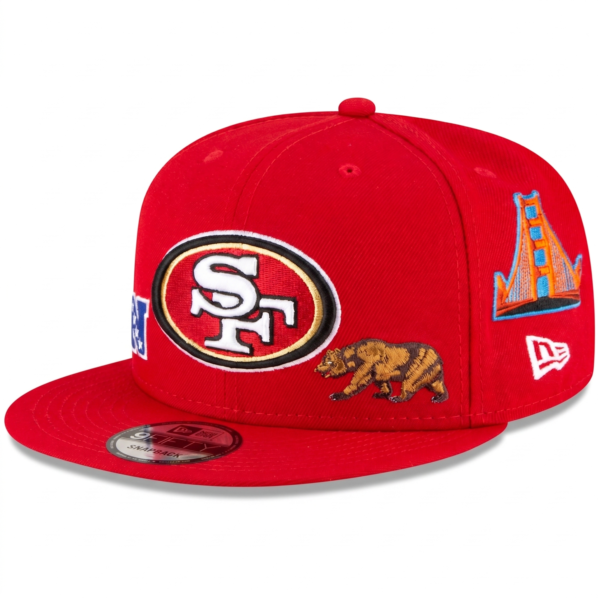 Right angled view of the red San Francisco 49ers snapback hat showcasing the SF logo, California grizzly bear patch, Golden Gate Bridge patch, and white New Era flag.