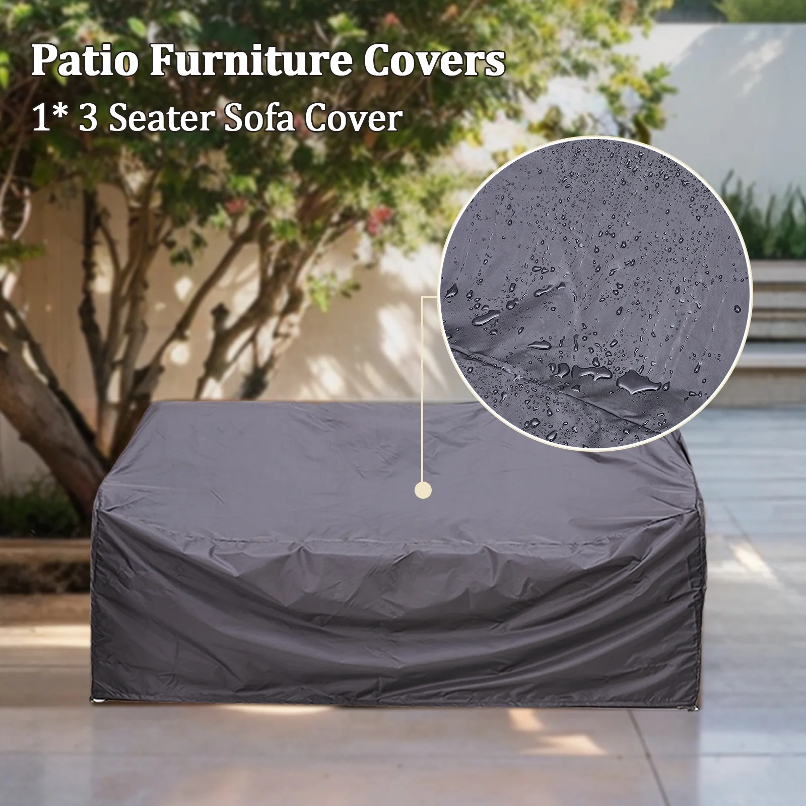 3-Seat Patio Wicker Sofa Outdoor Rattan Couch Furniture Steel Frame with Beige cushion&Waterproof Cover, Gray - Image 3