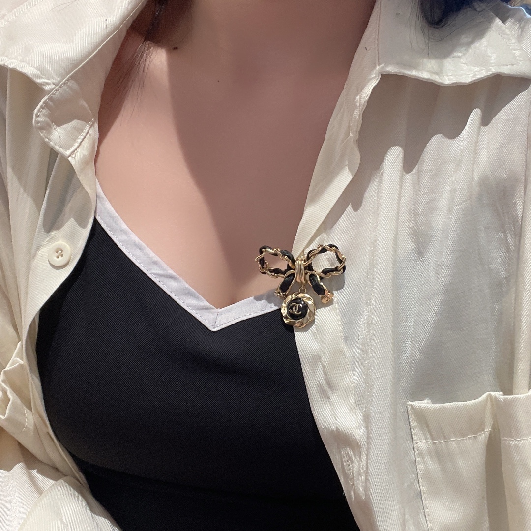 Chanel Black Leather Wrap Gold Bow Brooch - Original Replica Club