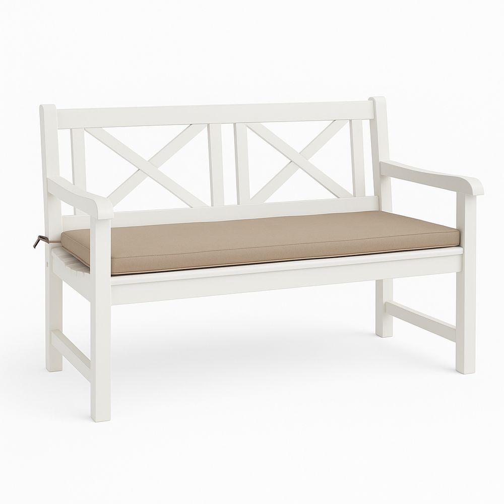 Sofá de jardín blanco con cojín beige, diseño moderno, estructura de madera, ideal para exteriores