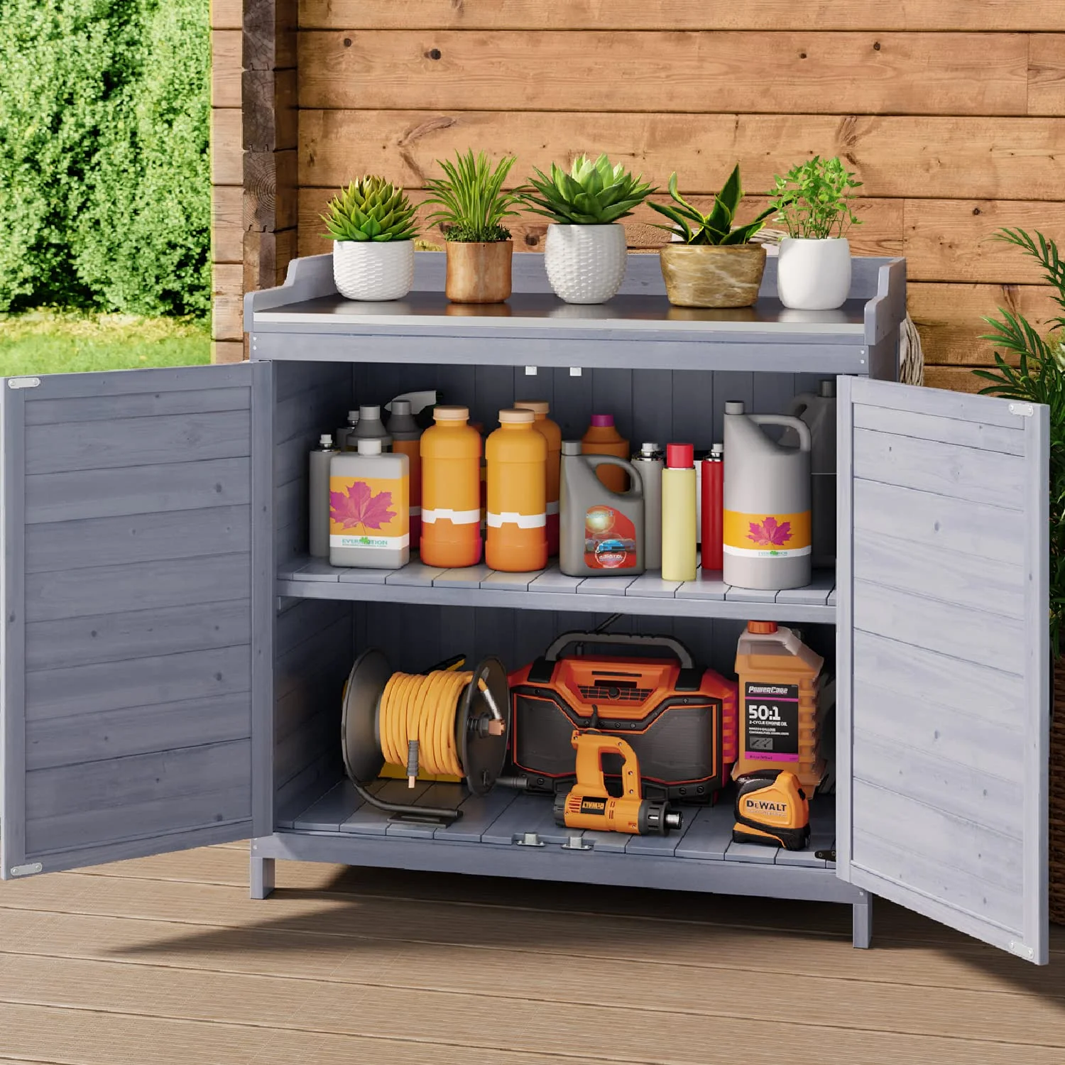 Lofka Outdoor Storage Cabinet, Outdoor Potting Bench Table with Removable Shelves for Yard, Garden, Waterproof Wood - Image 14