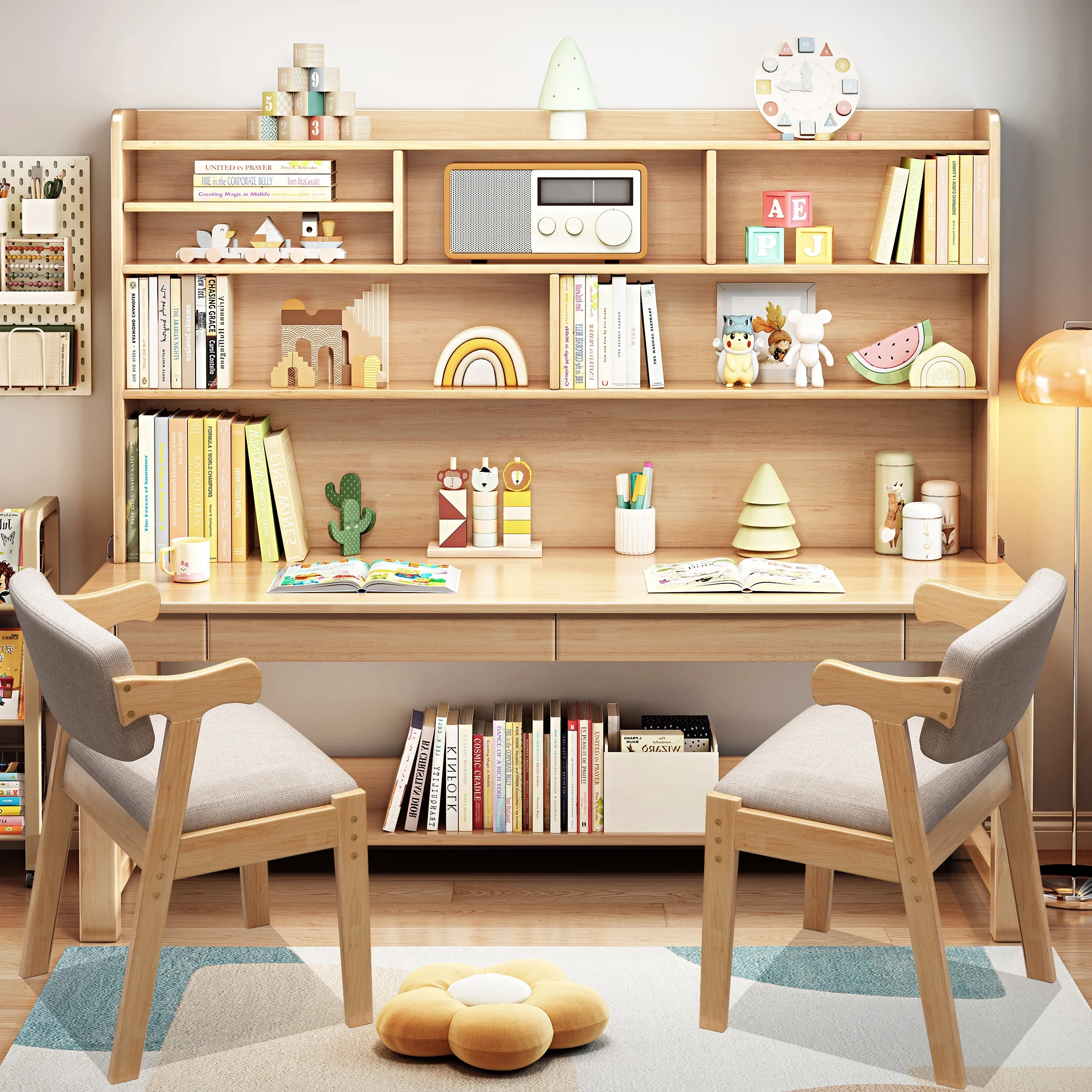 BALANBO Solid Wood Kids Desk and Chair Set with Hutch,Study Computer Desk with Drawers, Extra Large Two Person Study Desk Writing Table, Student White Desk with Bookshelf for Bedroom,Study Room,White - Image 12