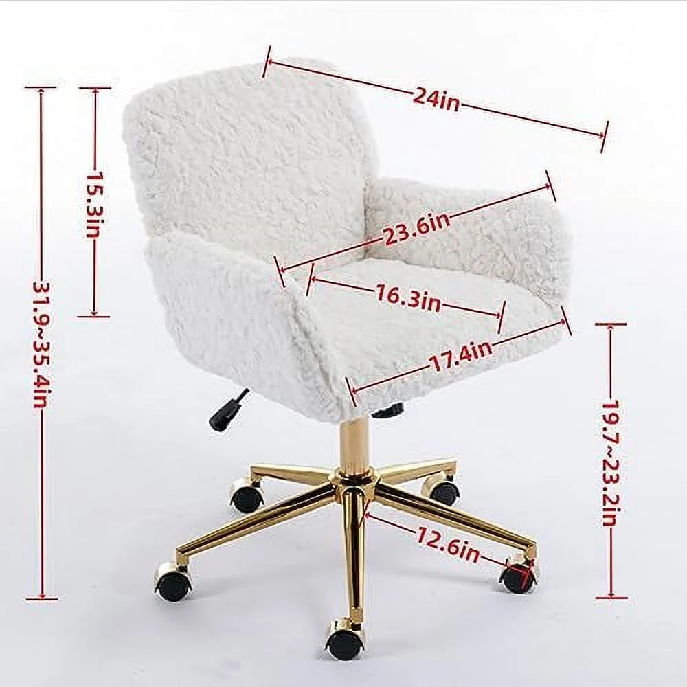 Fluffy Desk Chair,Height Adjustable Vanity Chair with Wheels,Comfortable Faux Fur Desk Chair with goldenn Base, Arm Chair for Bedroom,Living Room,Vanity,Office - Image 2