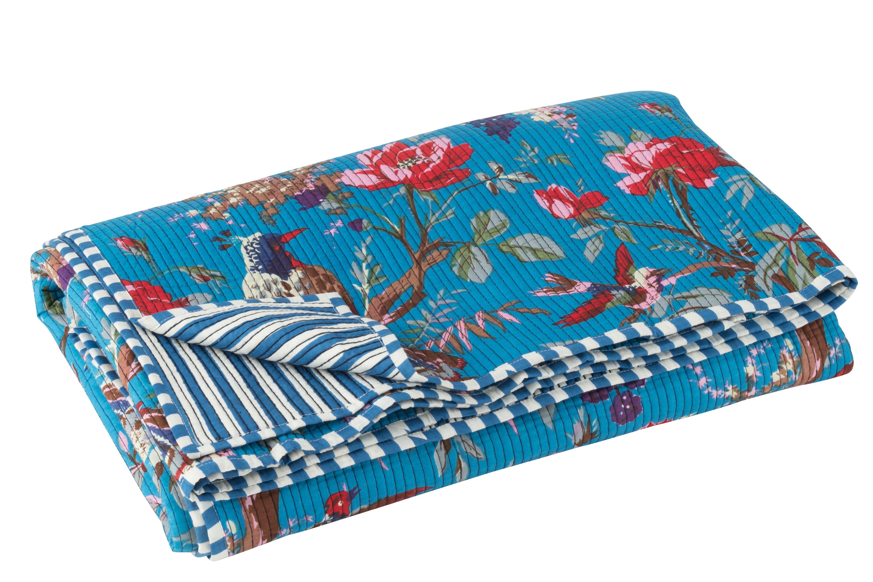 J-Line deken vogels bloemen - katoenfluweel - blauw