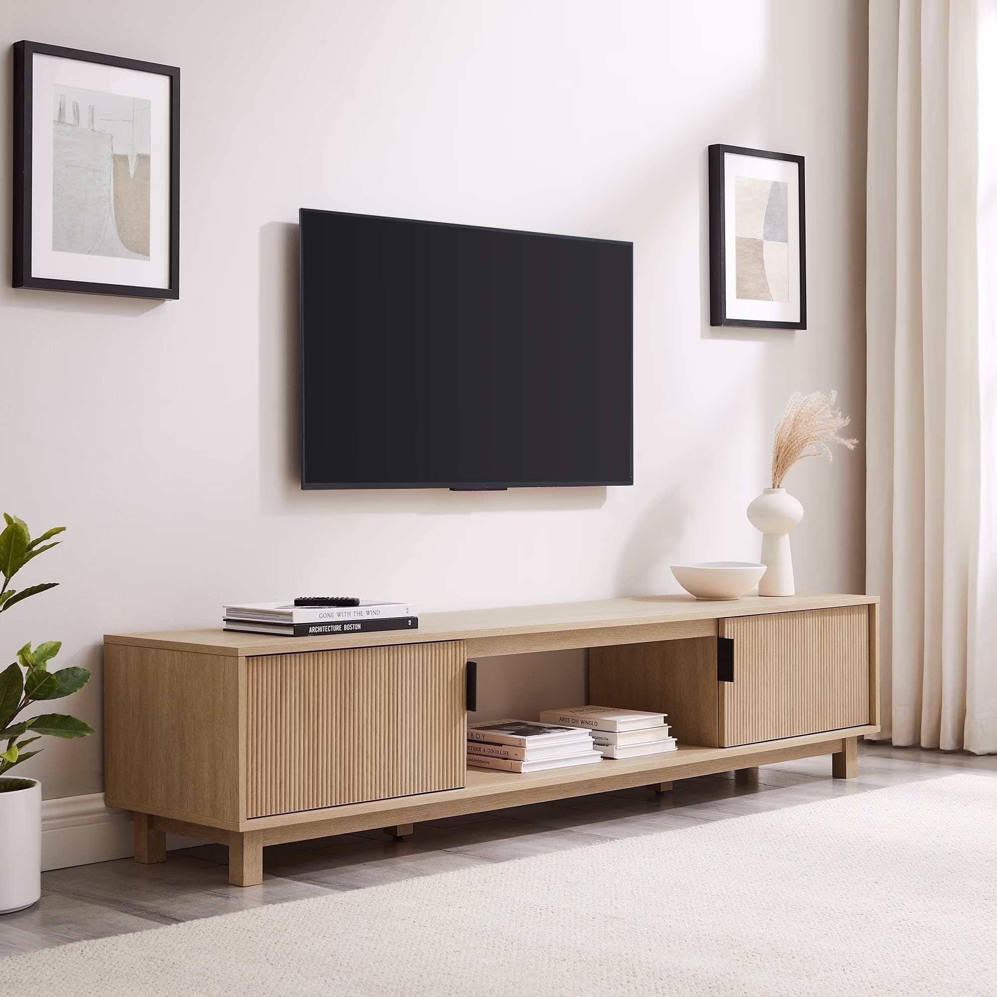 Walker Edison Mid-Century Modern Reeded 2-Door TV Stand for TVs up to 80-, Coastal Oak