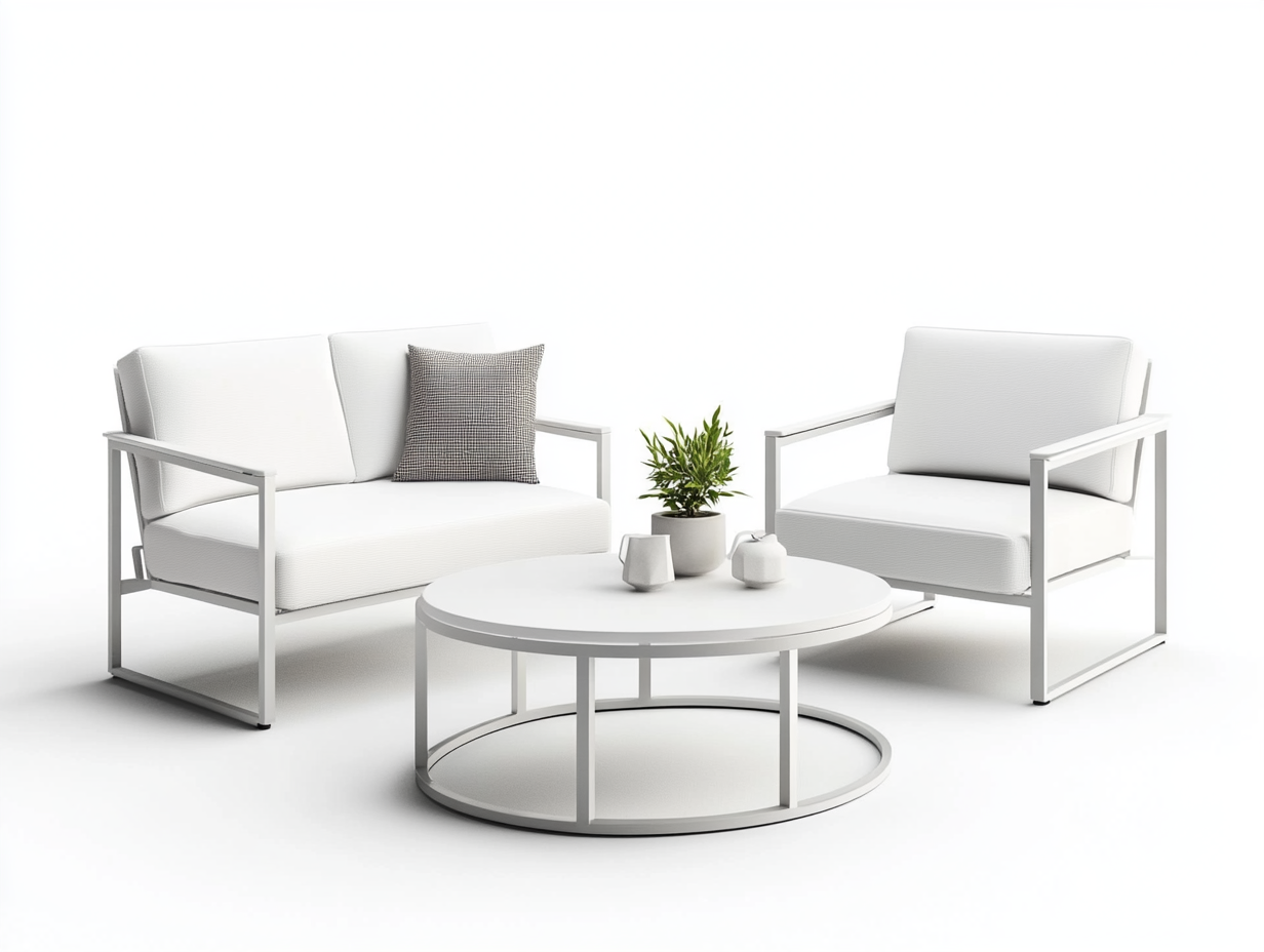 Sofá y sillón blancos con mesa, diseño minimalista