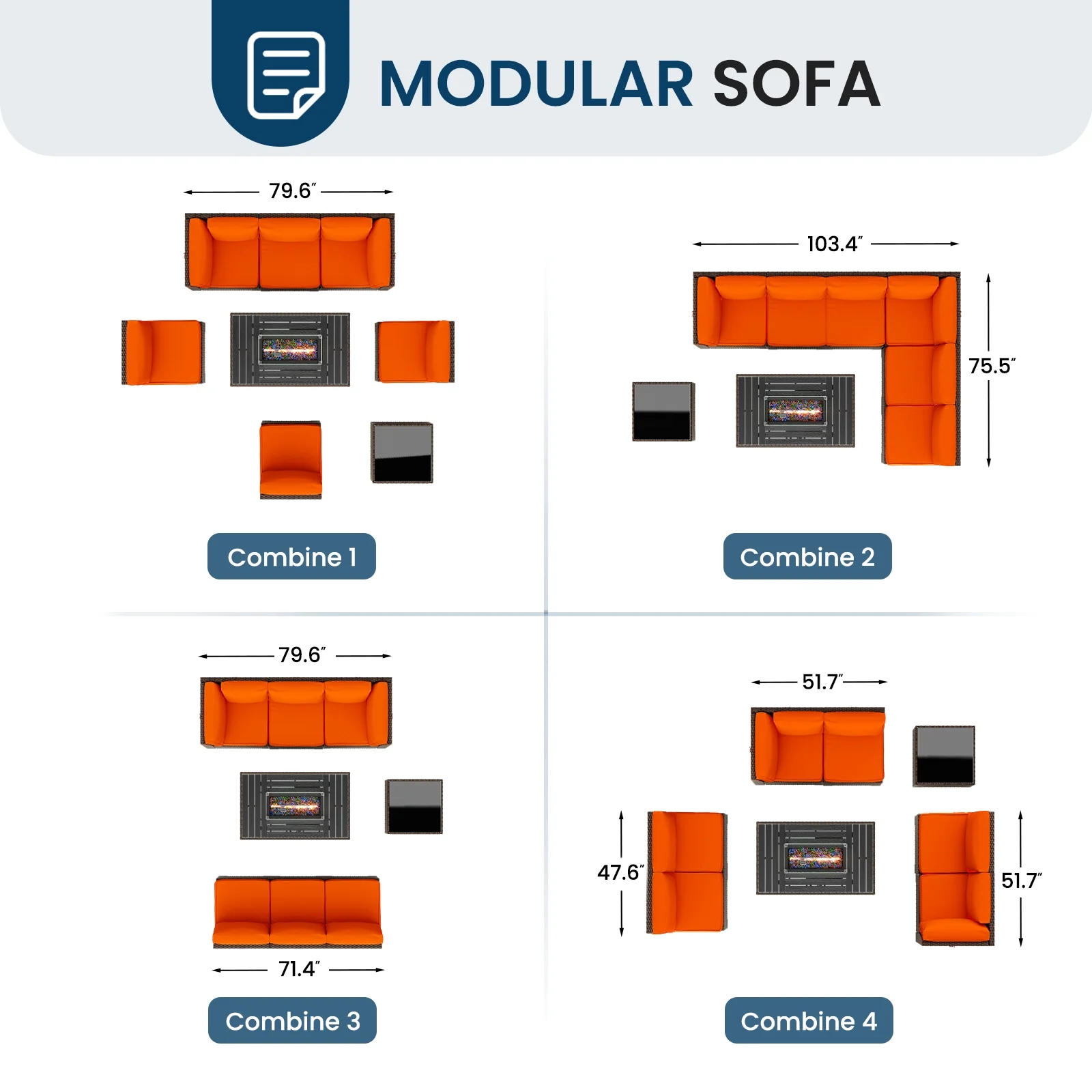 MRUAKA 8 Pieces Patio Furniture Set with Fire Pit Table, Outdoor Furniture Sectional Rattan Sofa with Slanted Back, Patio Couch with Glass Coffee Table for Backyard Garden (Dark Grey) - Image 27