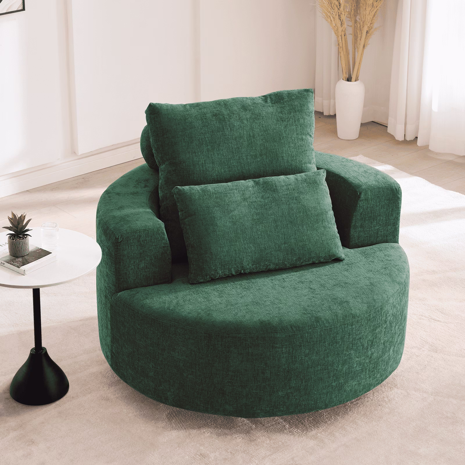 Fumahaus Upholstered Swivel Accent Chair, Oversized Comfy Round Sofa Chair with Two Pillows, Leisure Sofa Chair for Living Room Bedroom, Beige - Image 7