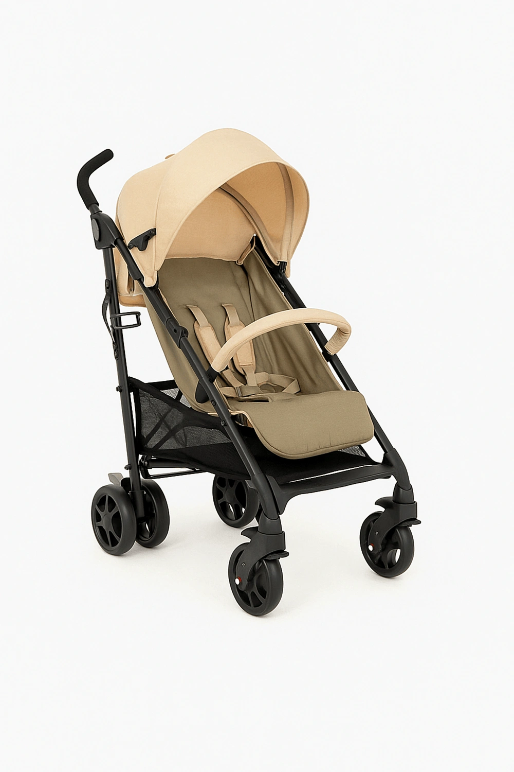 Cochecito de bebé, carrito plegable con respaldo ajustable y arnés de seguridad, hasta 22 kg, con capota extensible y cesta inferior, color beige y caqui, apto para 0 - 48 meses