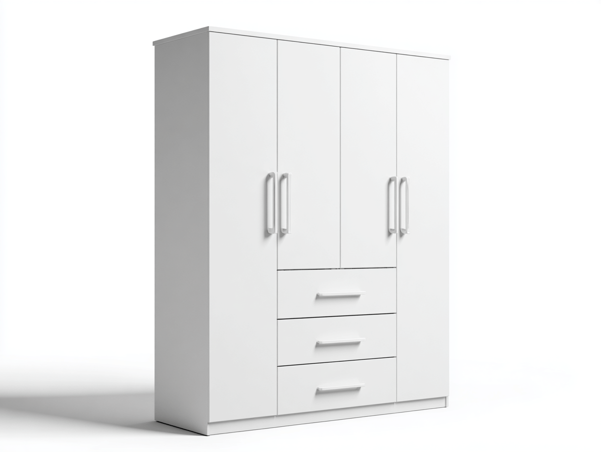 Armario 4 puertas y 3 cajones 160×55×200 cm – blanco – con barra y estantes