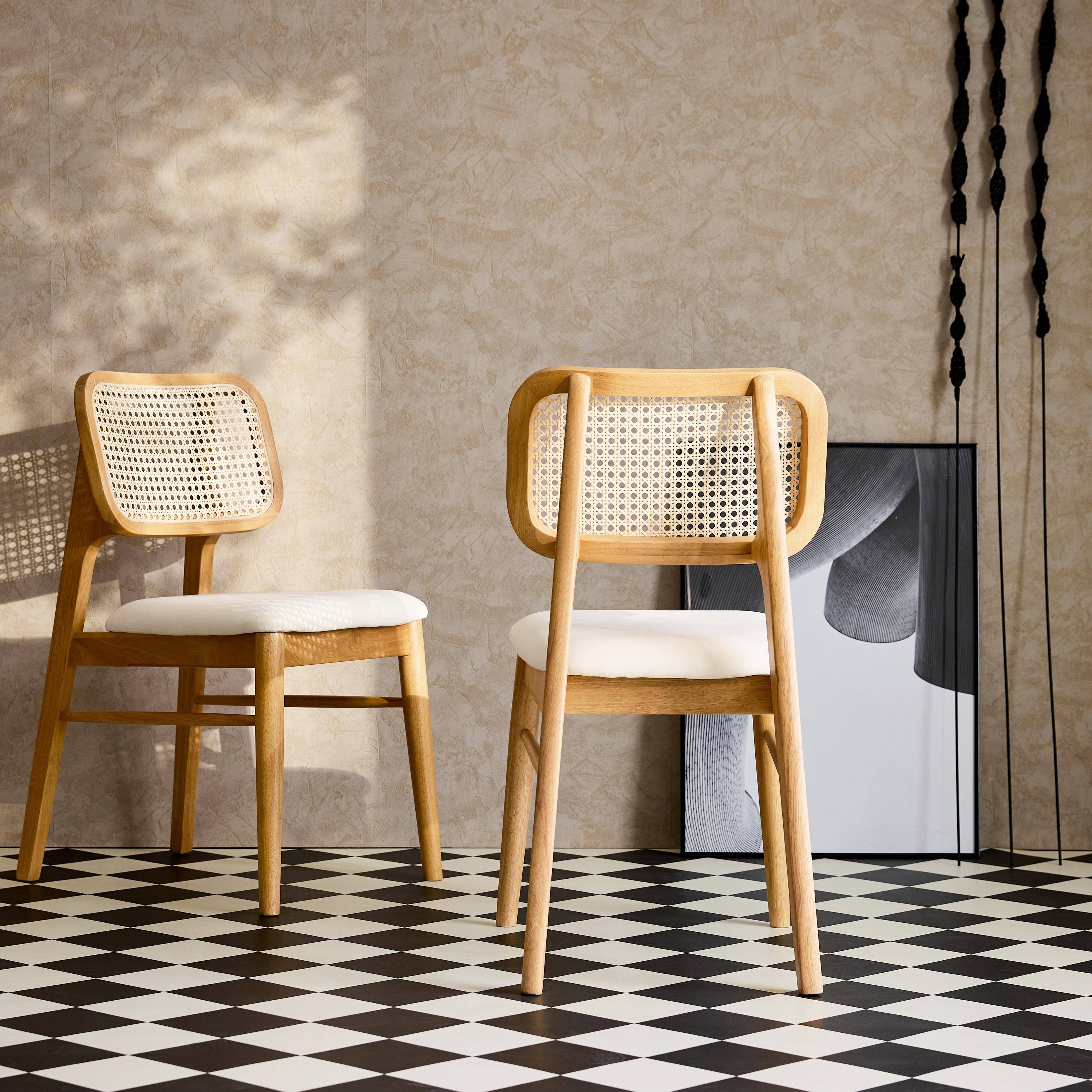 Mani - Silla bohemia de madera de hevea y rejilla, set de 2