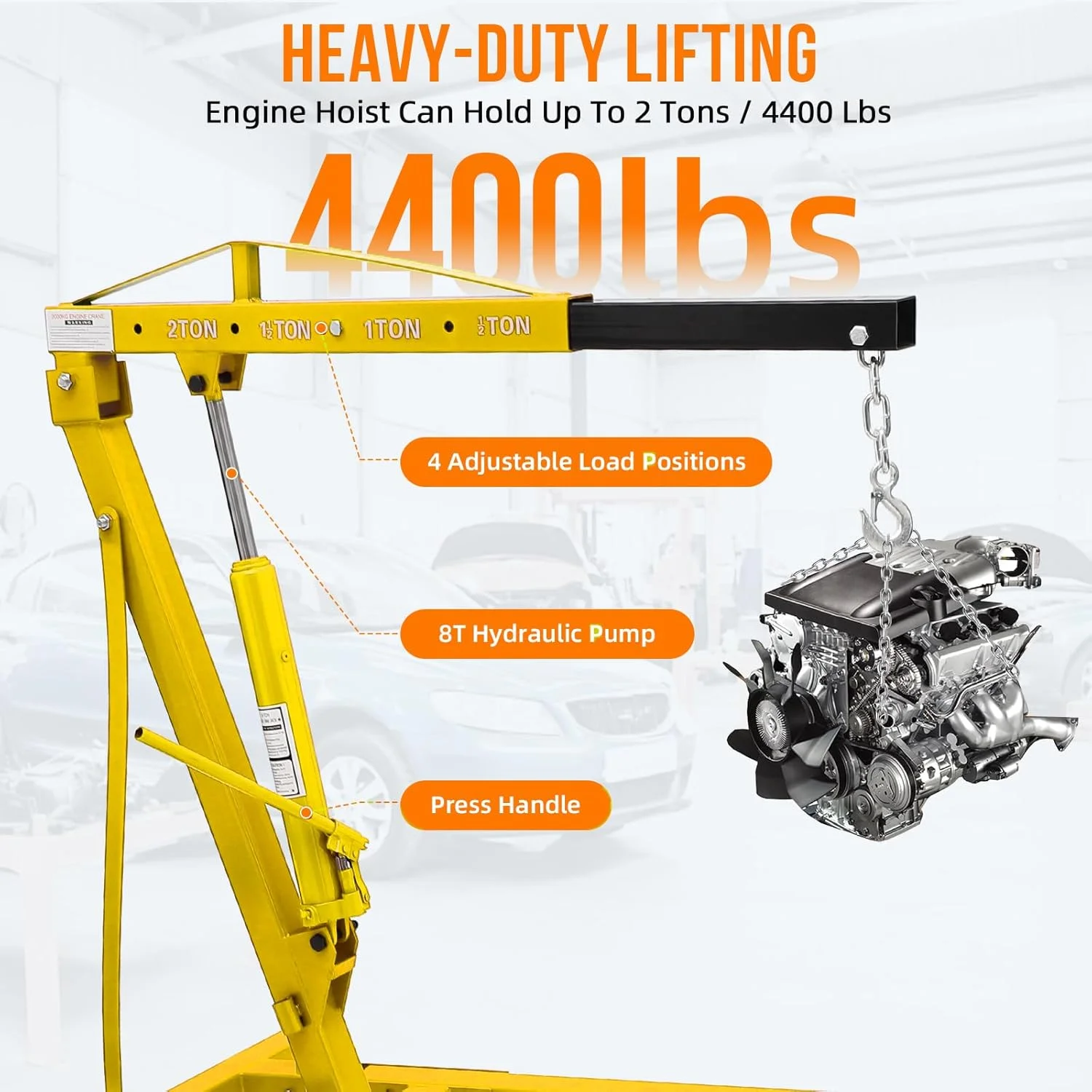 JoanKaren 2 Ton Folding Hydraulic Engine Hoist,Heavy-Duty Engine Shop Crane Hoist Lift,Heavy Cherry Picker with 6 Wheels,Yellow - Image 6
