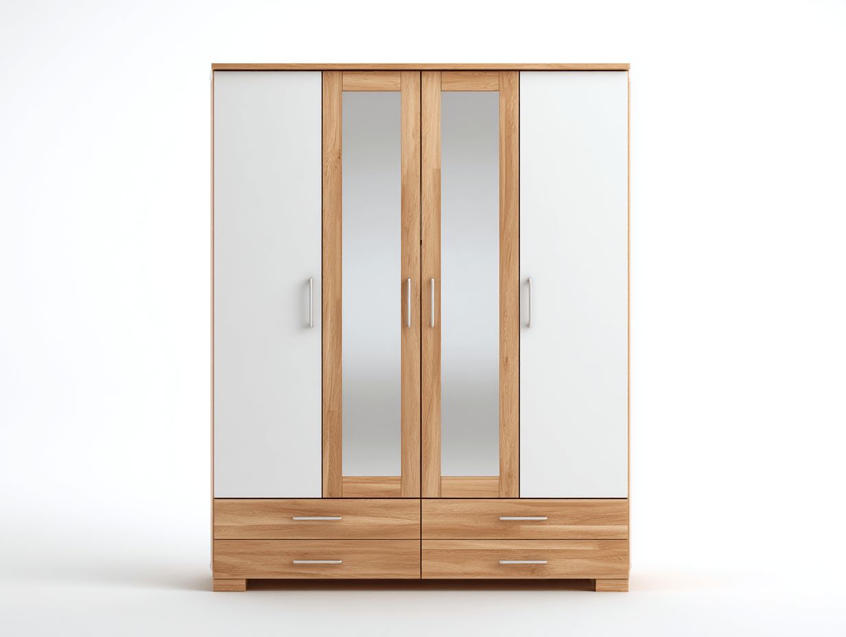 Armario de madera y acabado blanco – con espejo y cajones