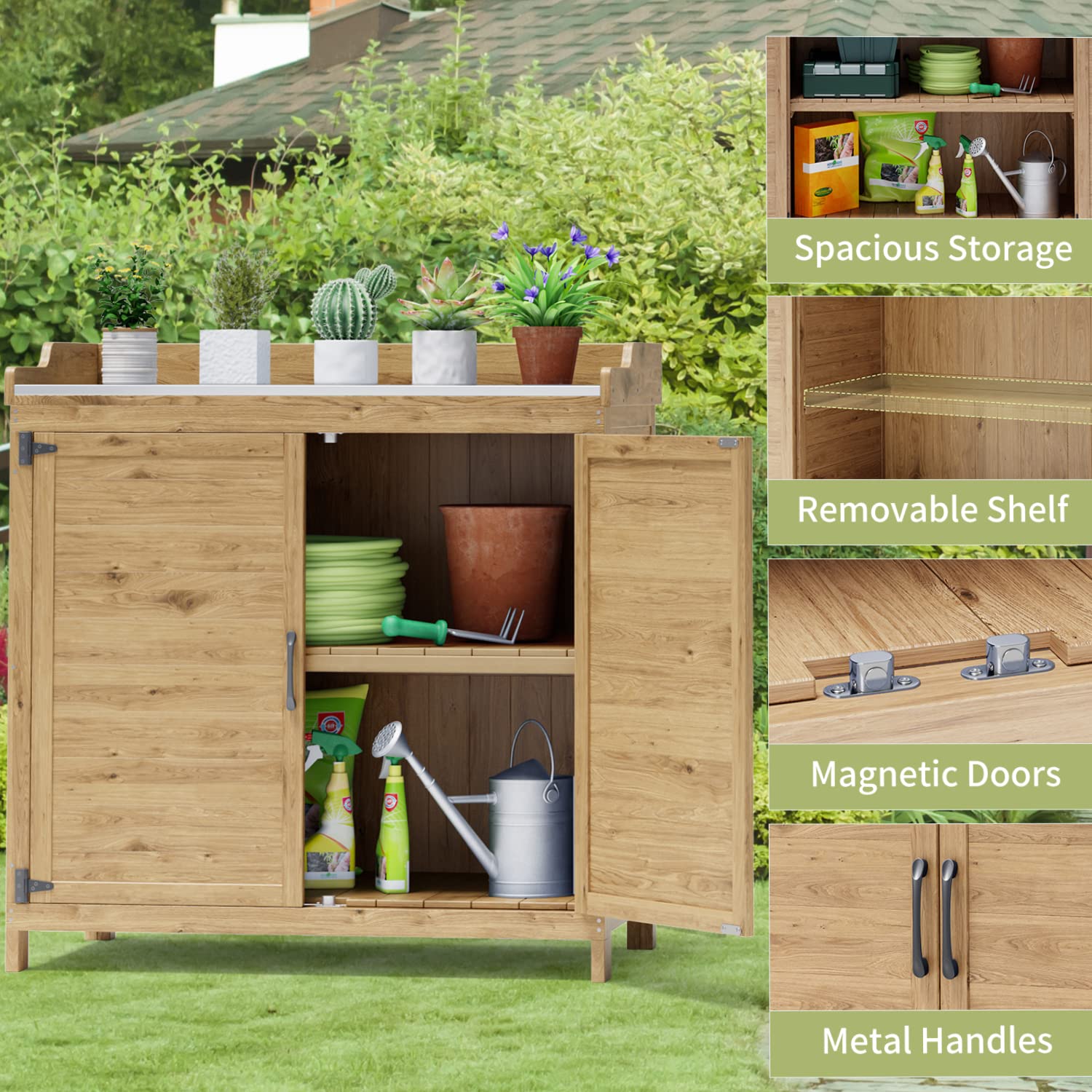 Lofka Outdoor Storage Cabinet, Outdoor Potting Bench Table with Removable Shelves for Yard, Garden, Waterproof Wood - Image 11