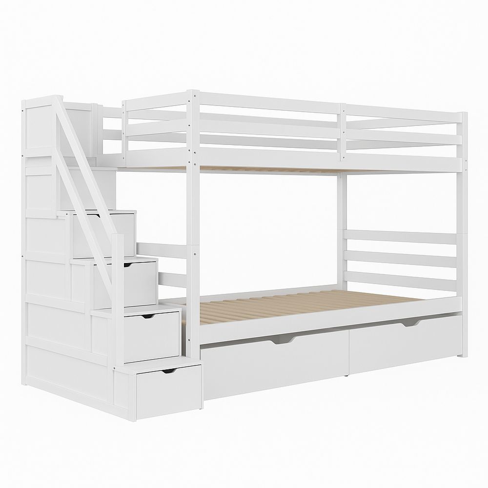 Cama literas blanca de madera con escalera y almacenamiento para niños