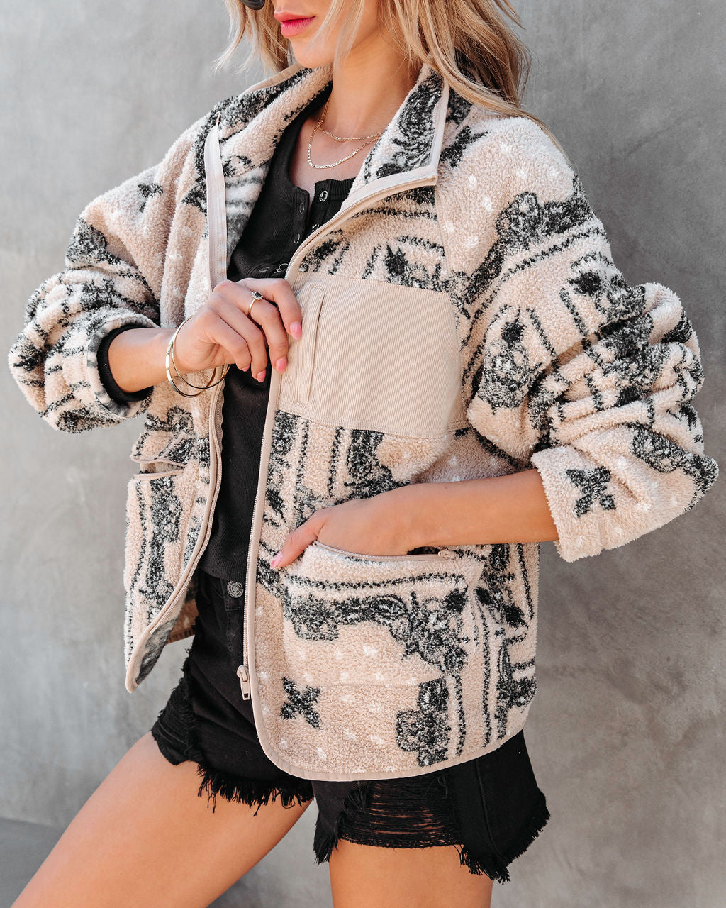Wild Wild West Pocketed Bandana Teddy Jacket - Se7enfashion