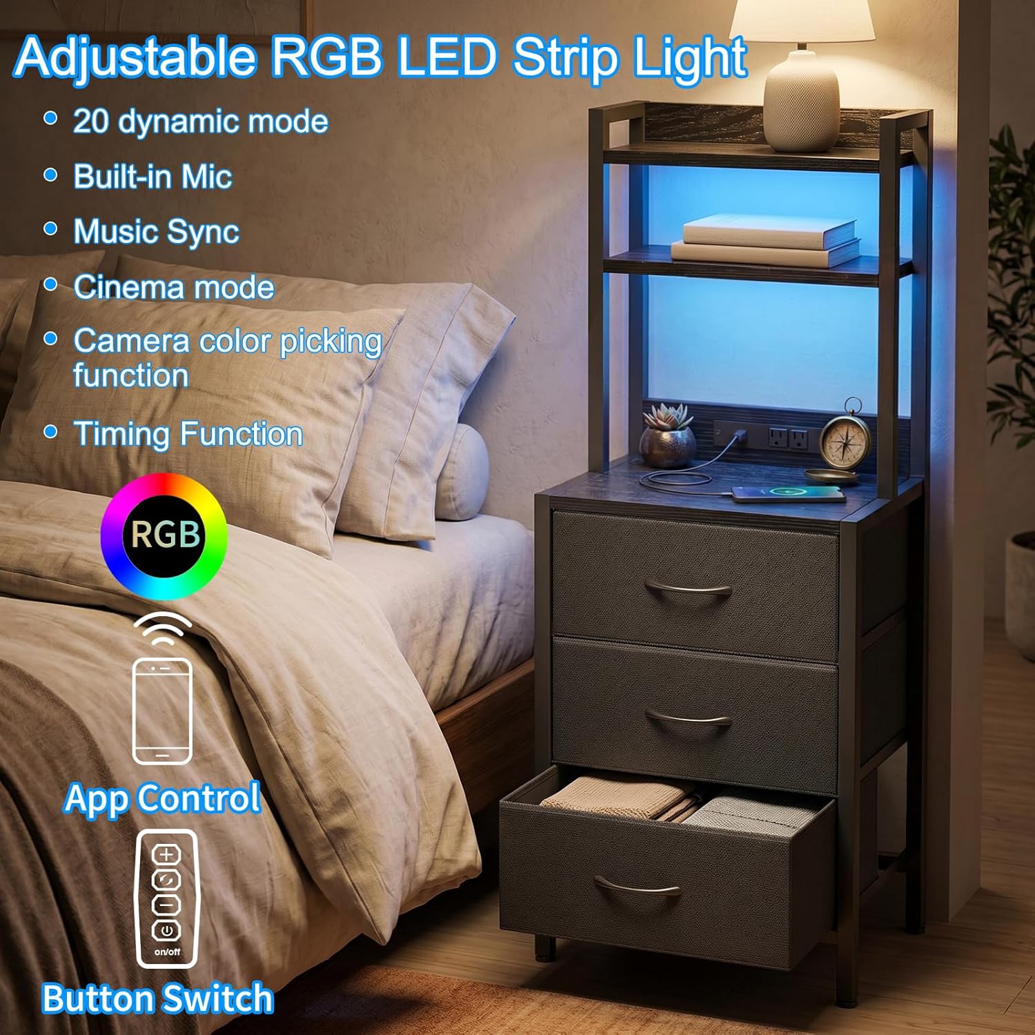 41 Inch Tall Nightstand with Charging Station, 3 Fabric Drawers, LED Lights & Open Shelves, Black - Image 3 41 Inch Tall Nightstand with Charging Station, 3 Fabric Drawers, LED Lights & Open Shelves, Black - Image 3