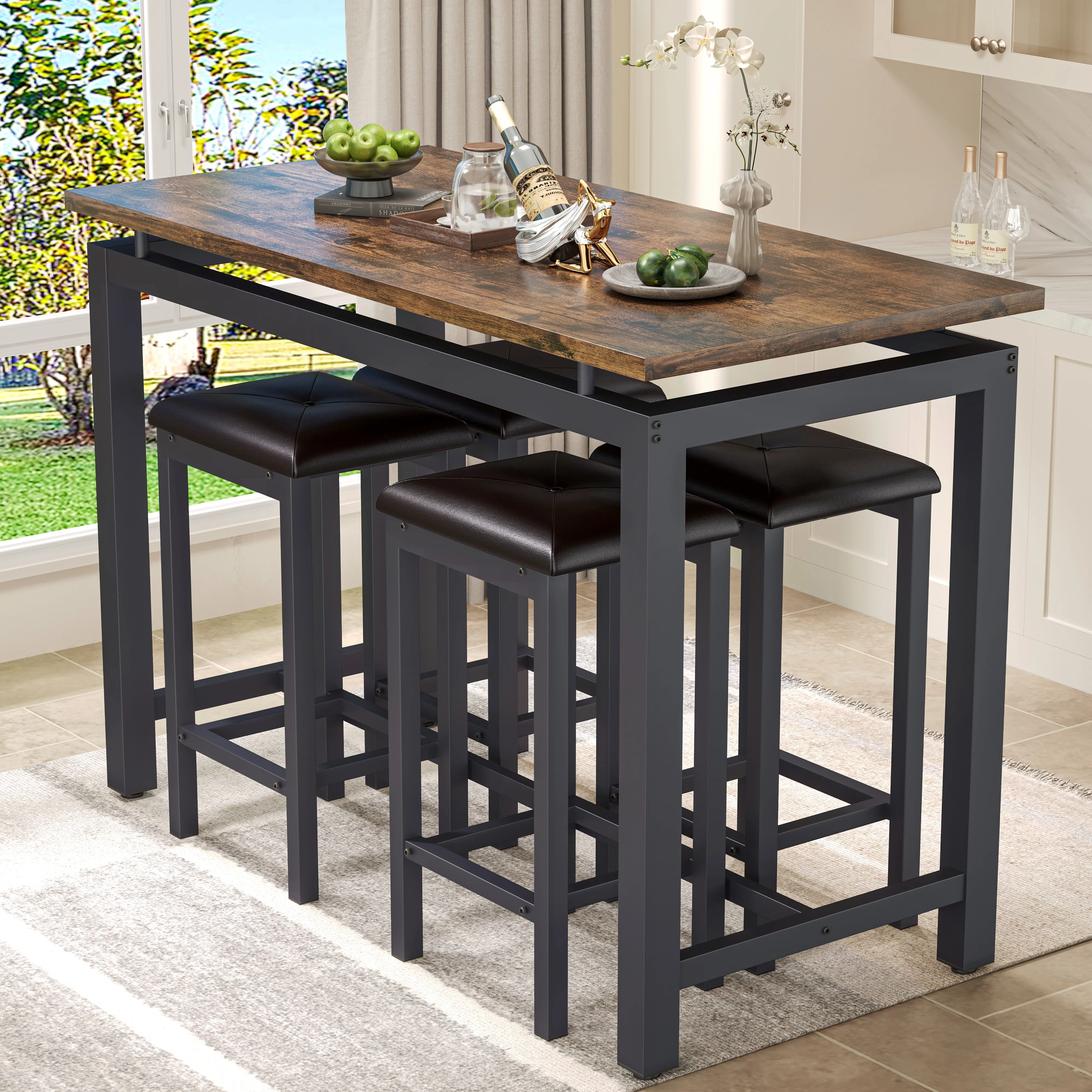 Counter Height Table Set of 5, Breakfast Bar Table and Stool Set, Minimalist Dining Table with Backless Stools, Wood Top Pub Table & Chair Set for Kitchen Apartment Bistro - Space Saving - Image 23