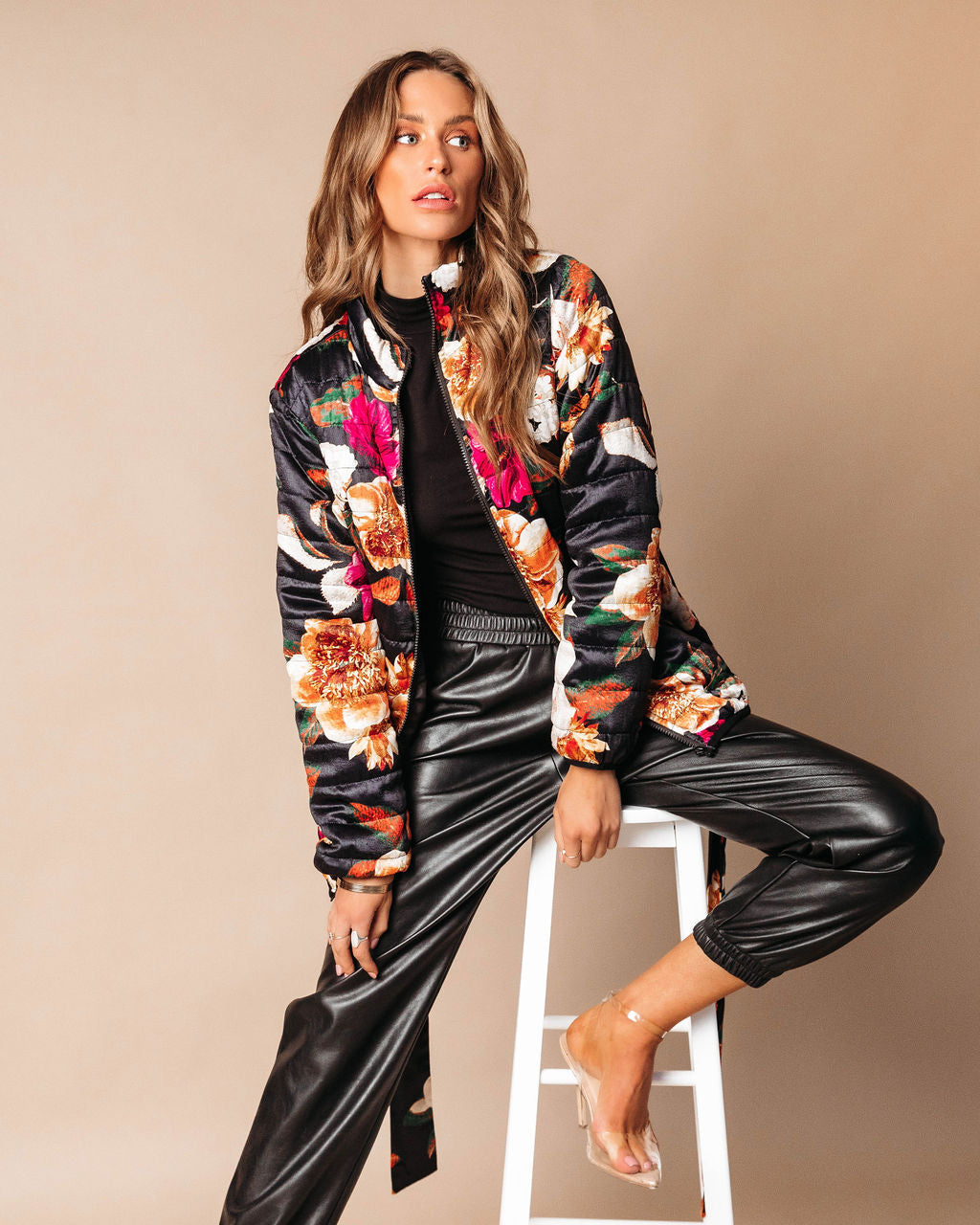 Stefani Floral Pocketed Quilted Jacket - Black - Se7enfashion