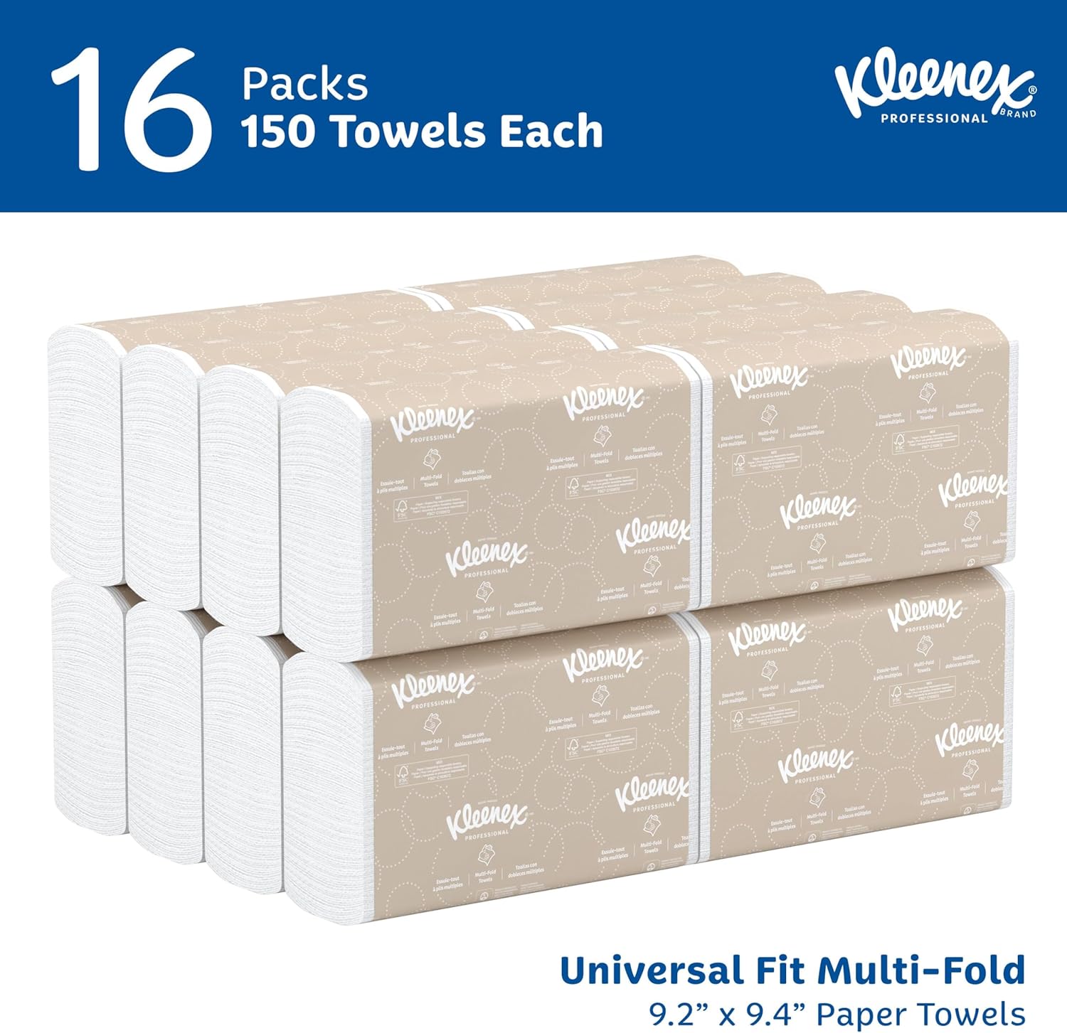 Kleenex Professional Universal Multifold Paper Towels, Bulk (01890), Absorbency Pockets, 9.2 x 9.4 Towel, White (150 Sheets/Pack, 16 Packs/Case, 2,400 Sheet Total)