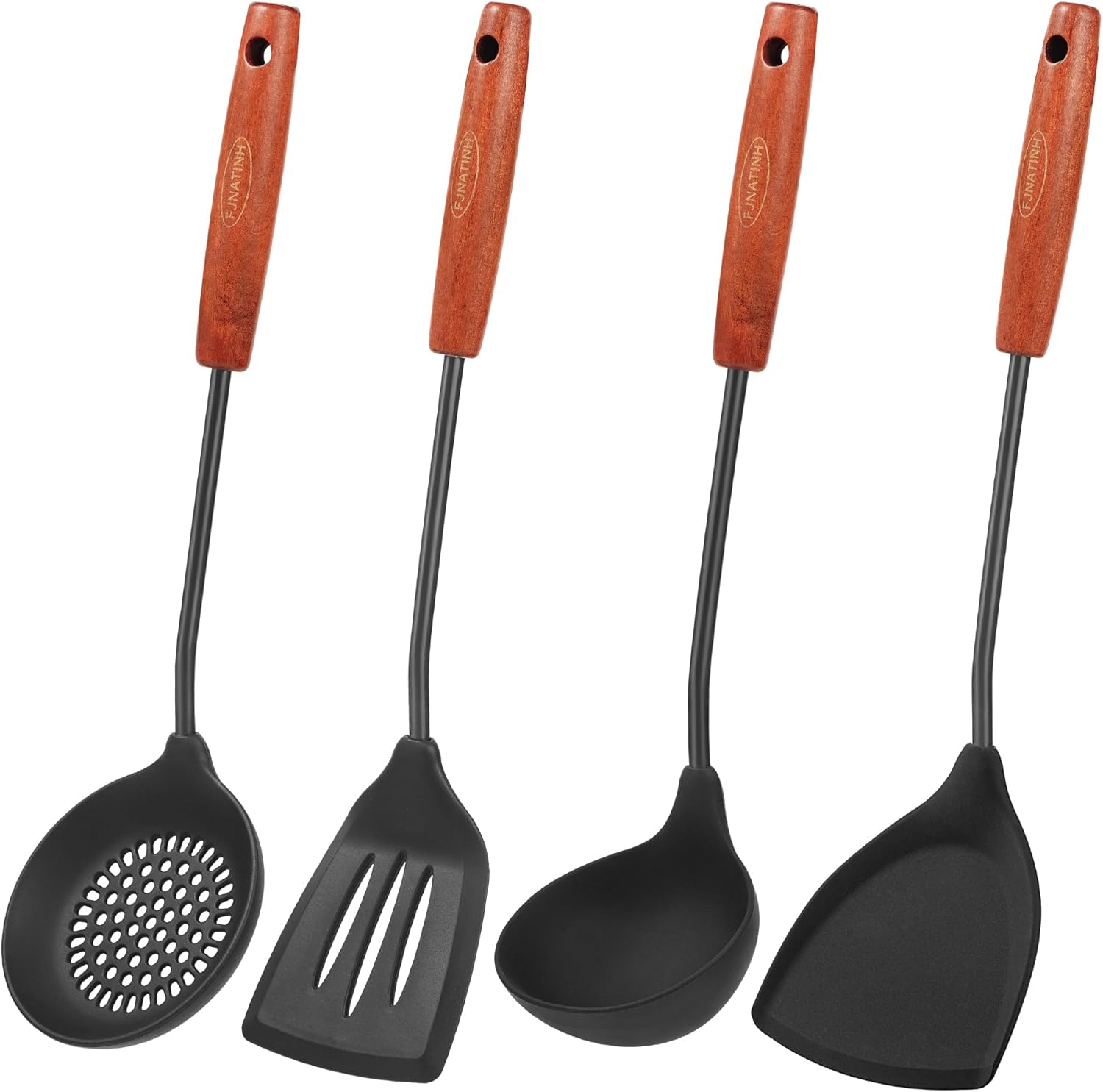 FJNATINH Wok Tools, Wok Utensil,Wok Spatula,Ladle,Skimmer Tool Set,Non Stick Heat-Resistant Silicone Cooking Utensils BPA Free Kitchen Utensils Cookware, Pack of 3,Black