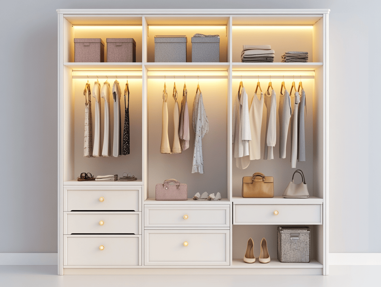 Armario blanco rectangular con iluminación LED, 6 cajones y compartimentos abiertos madera 120x58x200cm dormitorio ropa moderna