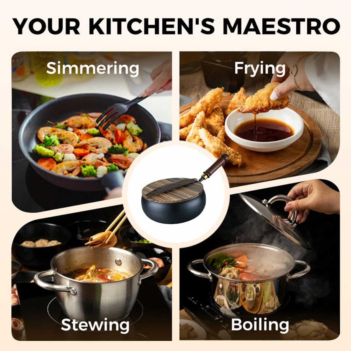 Uncoated Thick Iron Pot, Japanese Cast Iron Pot, Multifunctional Non-Stick Cast Iron Wok with Lid, Fry, Stir-Fry, Deep-Fry & Stew — For Electric, Induction & Gas Stoves (With Lid, 10.24in)
