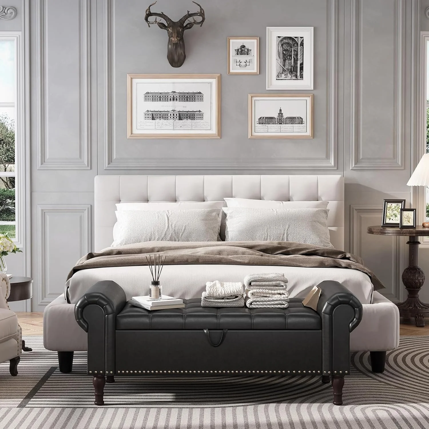 YOUDENOVA Storage Ottoman Bench for Bedroom 51" Queen Leather Storage Bench with Button, Upholstered Bedroom Bench with Rolled Arms for Living Room, Storage Room, Entryway, Gray - Image 26