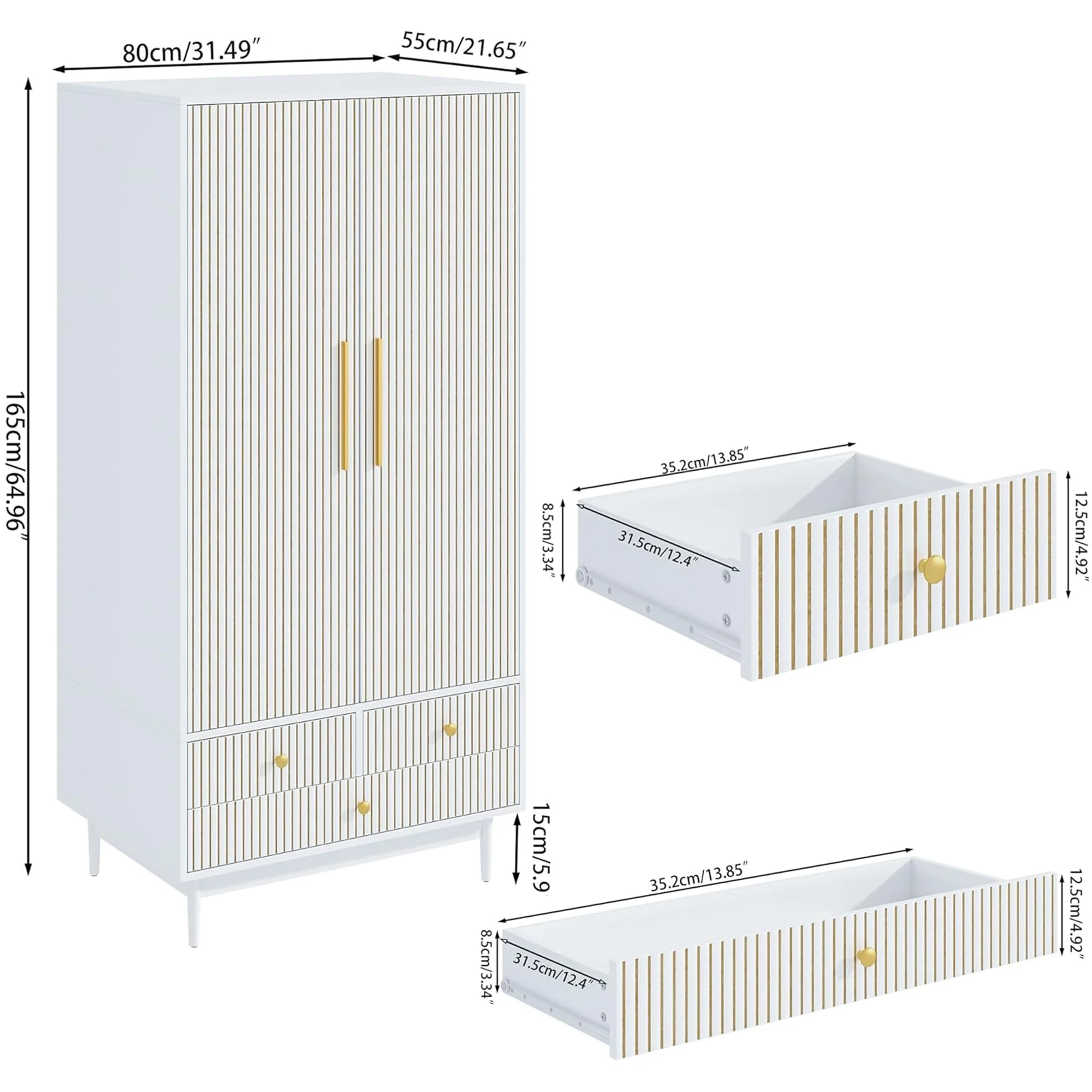 Oubayajia Wardrobe Armoire Closet, 2 Fluted Doors Wardrobe Cabinet with 3-Drawer and Hanging Rod, Wood Wardrobe Storage for Bedroom - Image 22